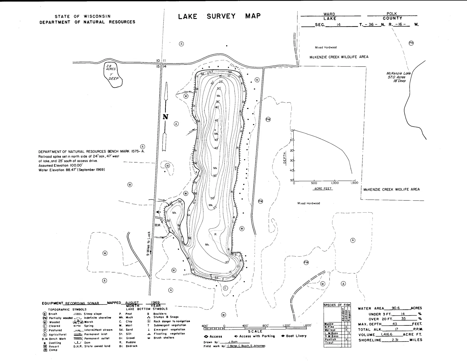 Ward Lake historical Wisconsin DNR depth map sheet 1