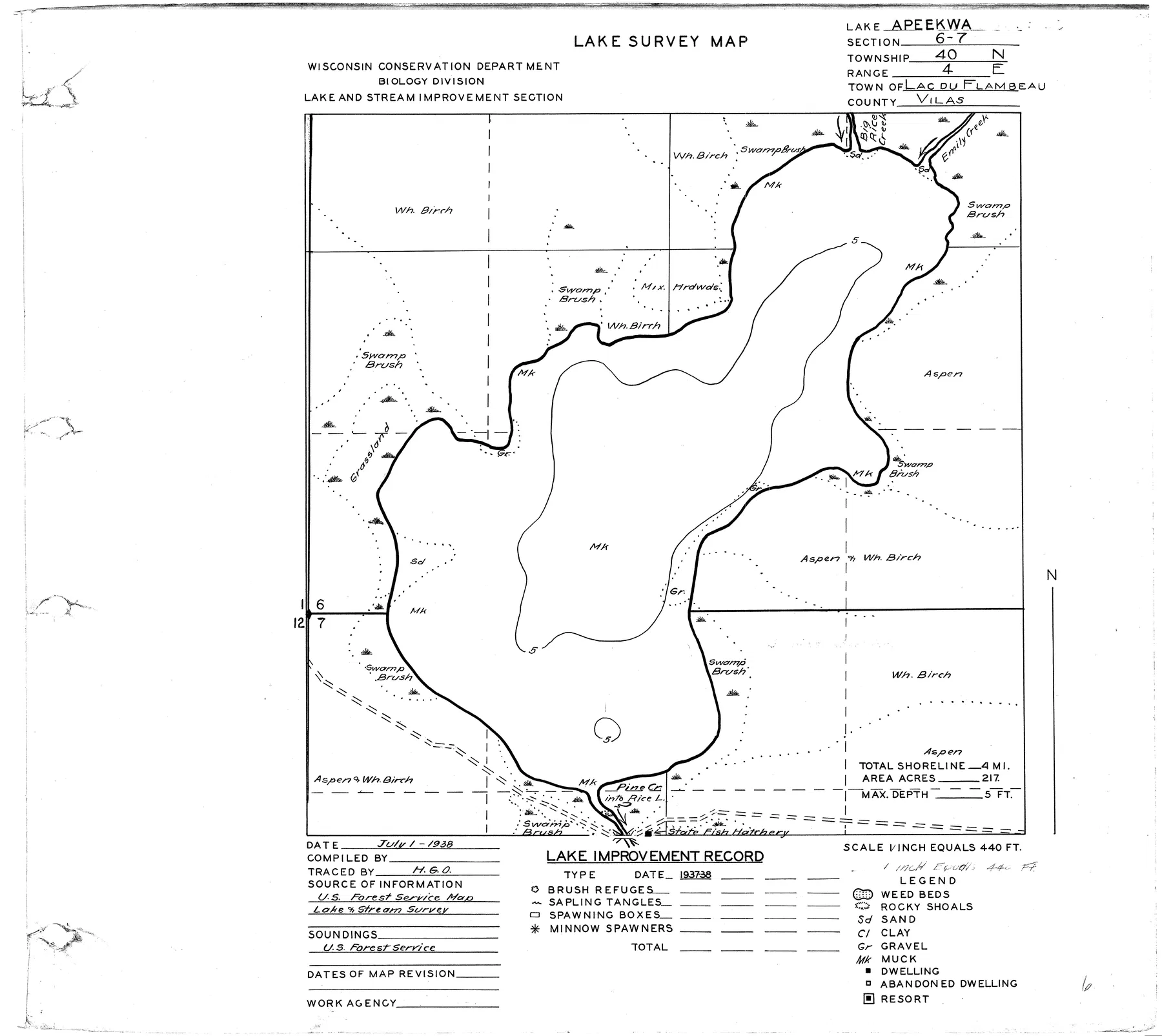 Apeekwa Lake historical Wisconsin DNR depth map sheet 1