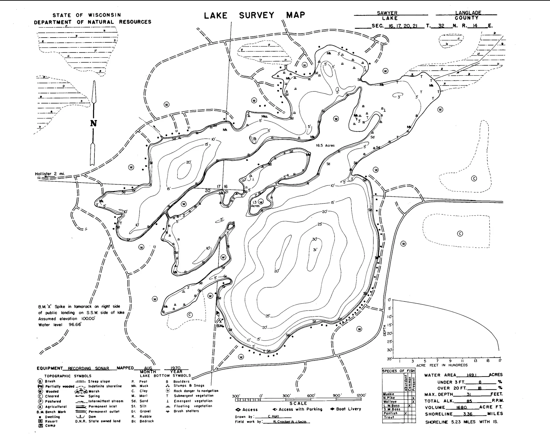 Sawyer Lake historical Wisconsin DNR depth map sheet 1