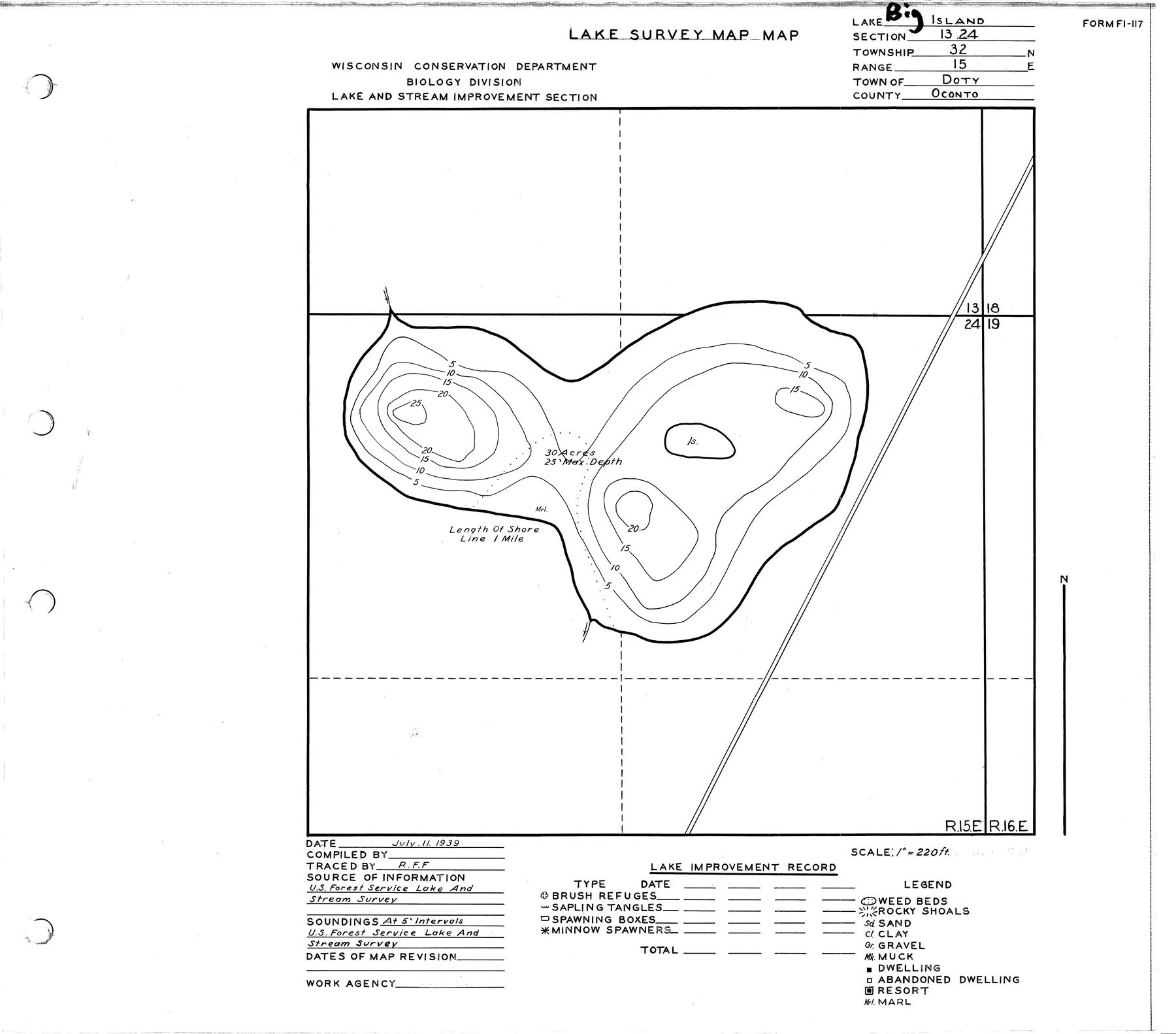 Big Island Lake historical Wisconsin DNR depth map sheet 1