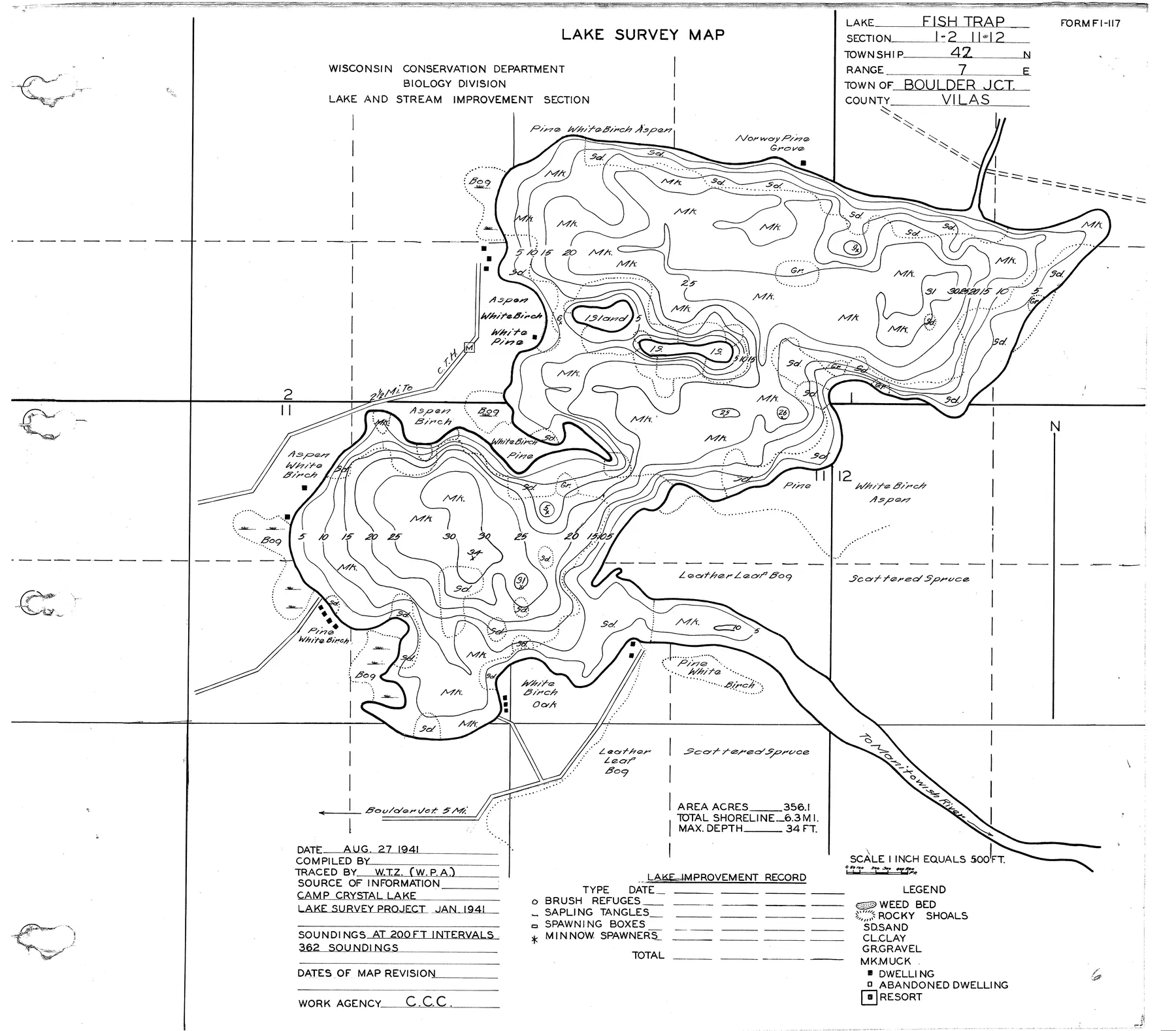 Fishtrap Lake historical Wisconsin DNR depth map sheet 1