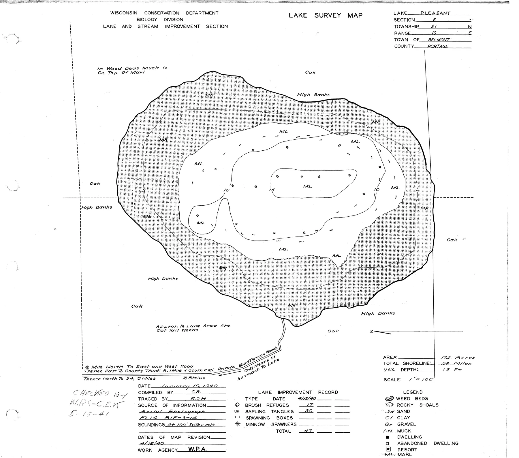 Pleasant Lake historical Wisconsin DNR depth map sheet 1