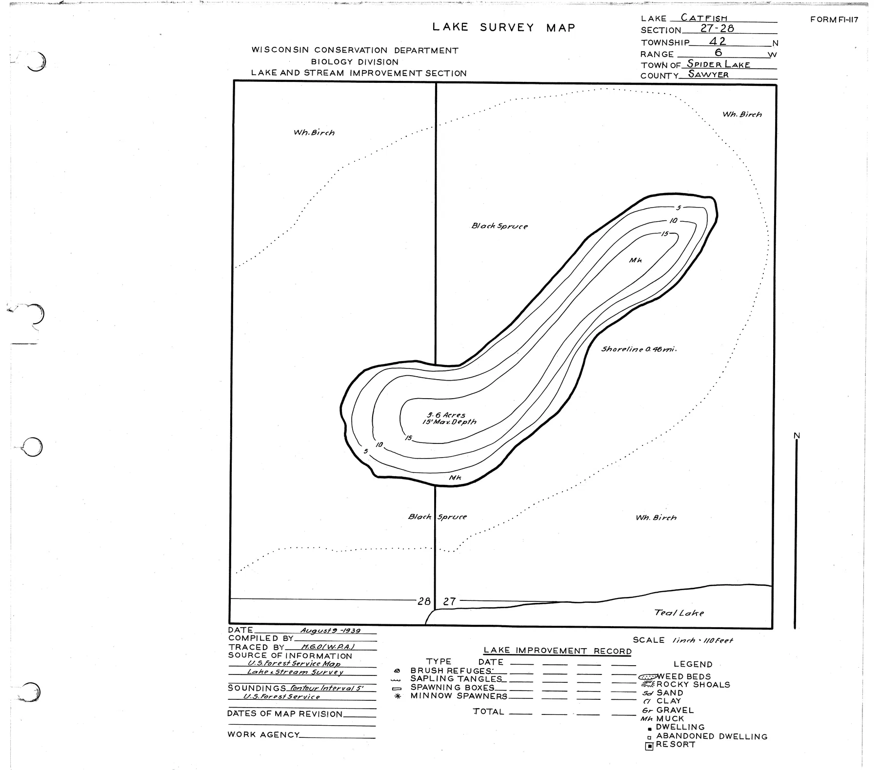 Catfish Lake historical Wisconsin DNR depth map sheet 1