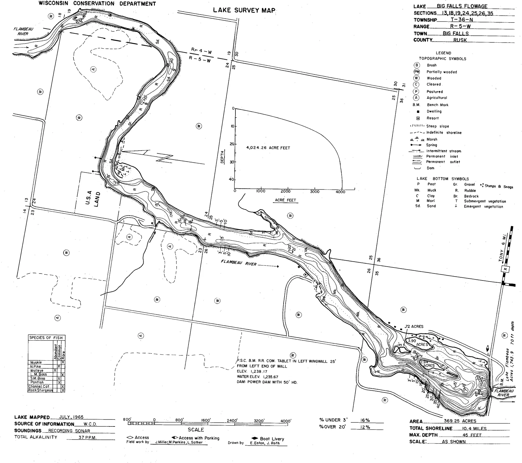 Big Falls Flowage historical Wisconsin DNR depth map sheet 1