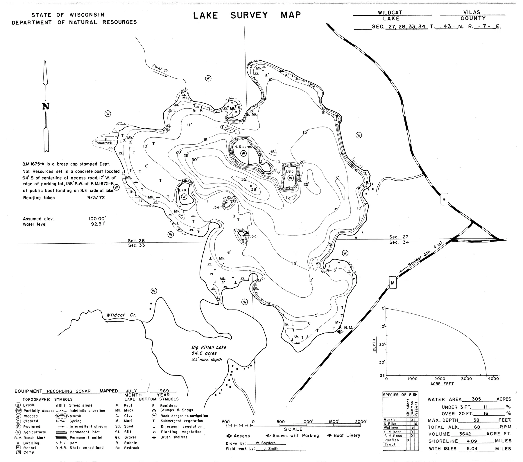Wildcat Lake historical Wisconsin DNR depth map sheet 1