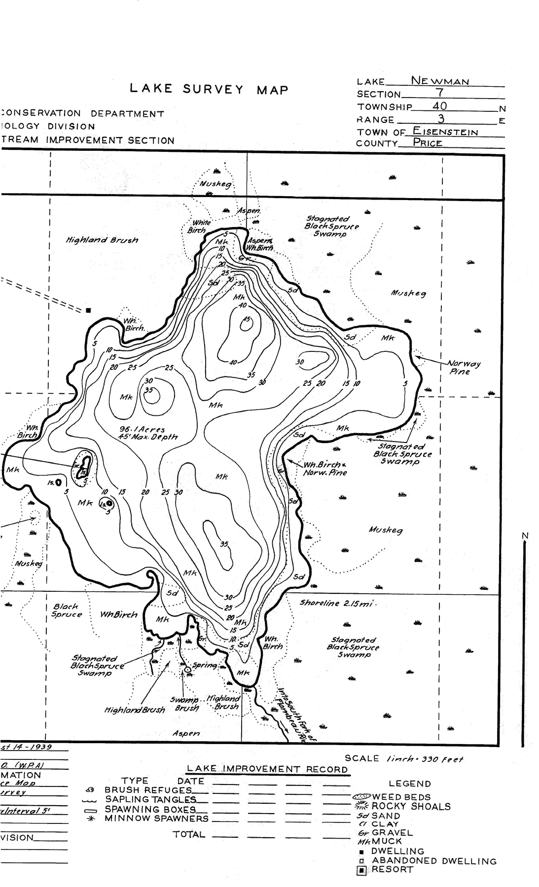 Newman Lake historical Wisconsin DNR depth map sheet 1