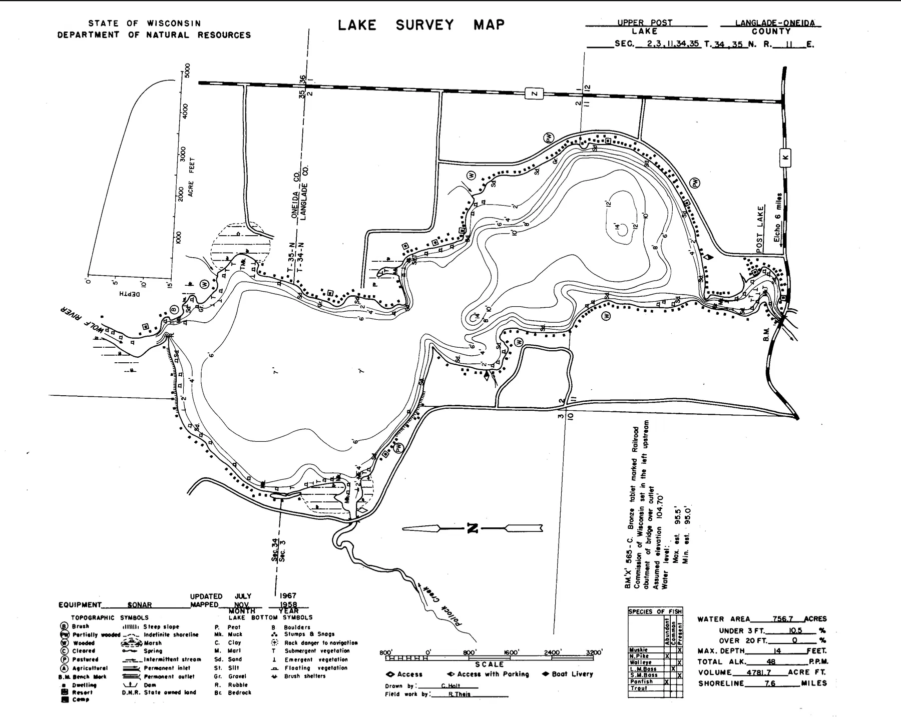 Upper Post Lake historical Wisconsin DNR depth map sheet 1