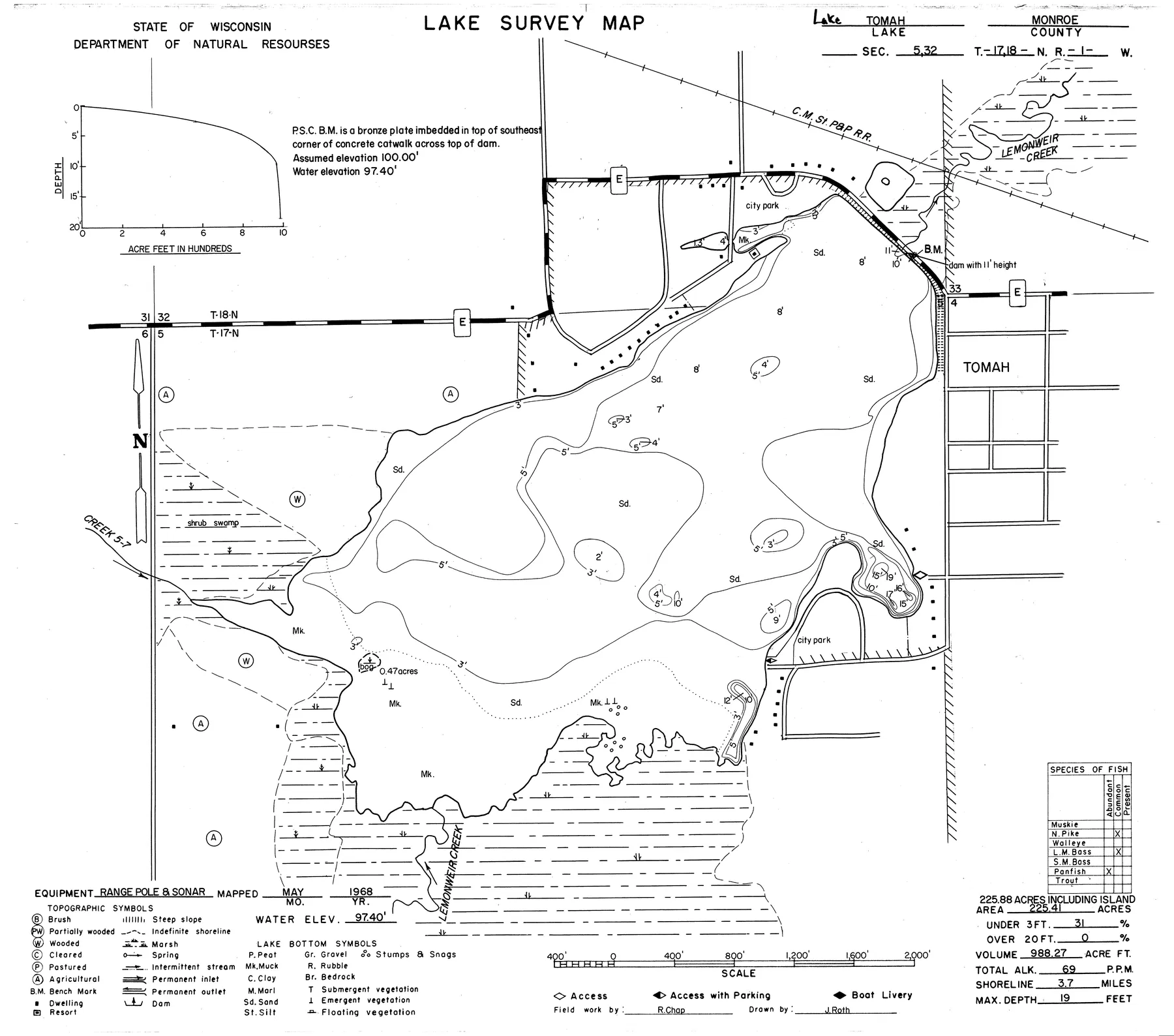 Lake Tomah historical Wisconsin DNR depth map sheet 1