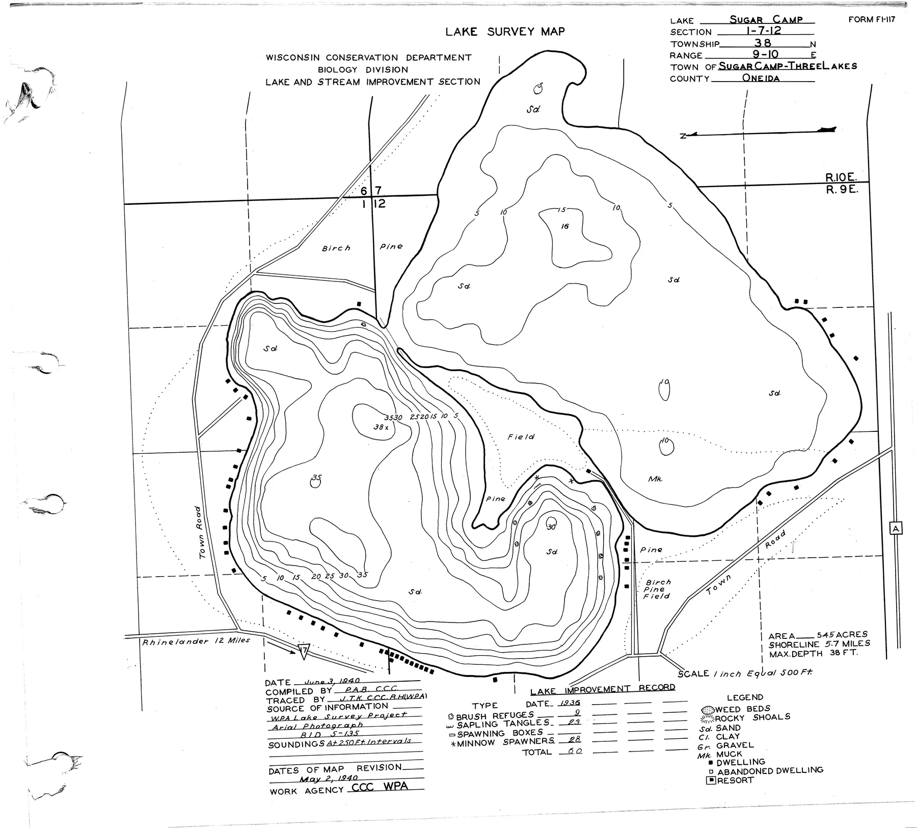 Sugar Camp Lake historical Wisconsin DNR depth map sheet 1