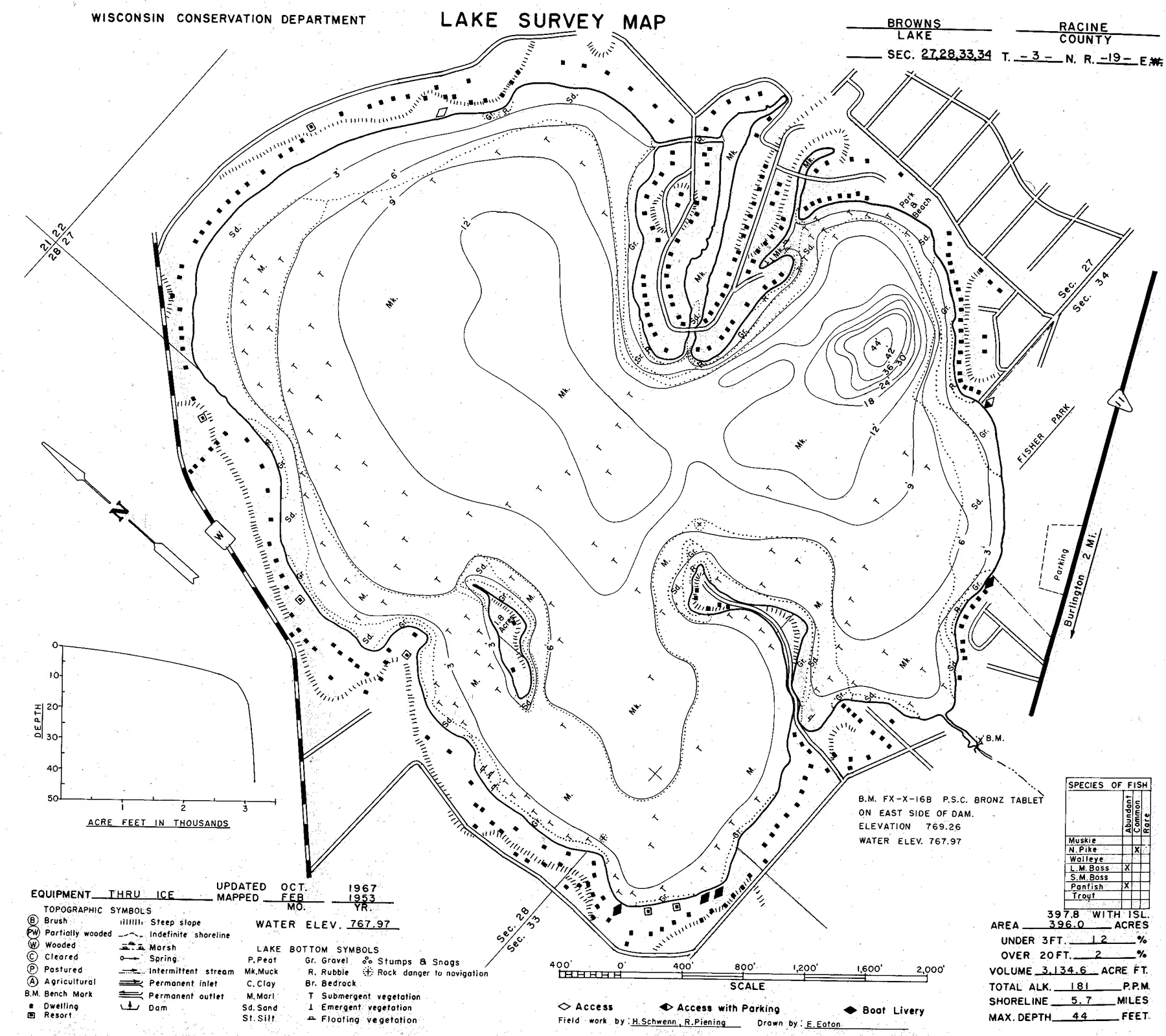 Browns Lake historical Wisconsin DNR depth map sheet 1