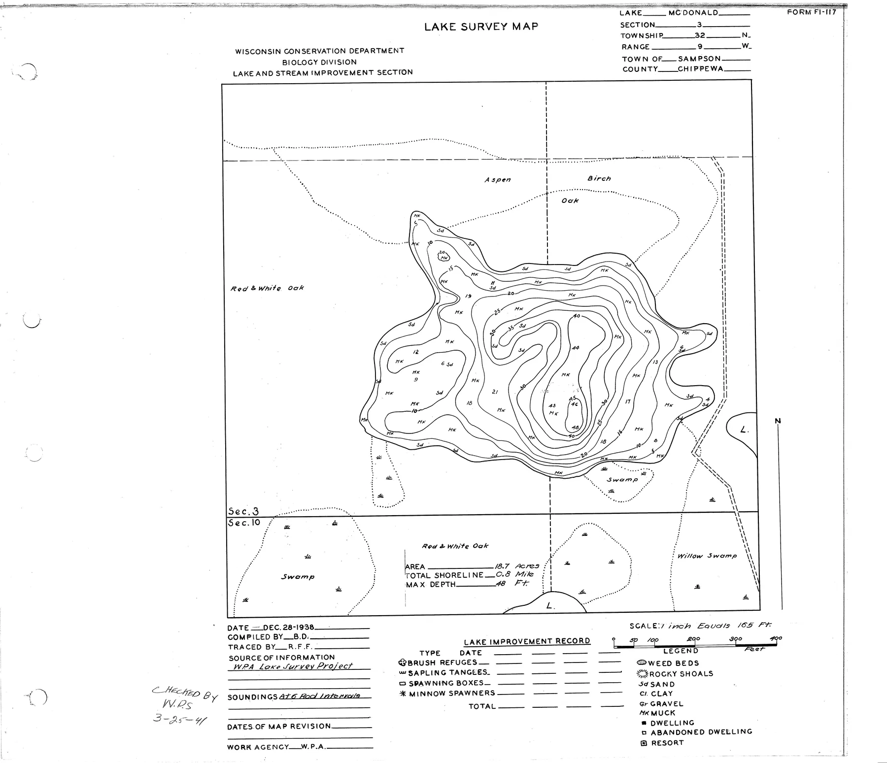 McDonald Lake historical Wisconsin DNR depth map sheet 1