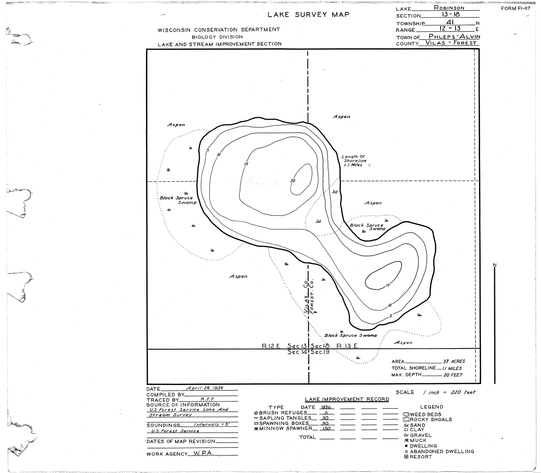 Robinson Lake historical Wisconsin DNR depth map sheet 1