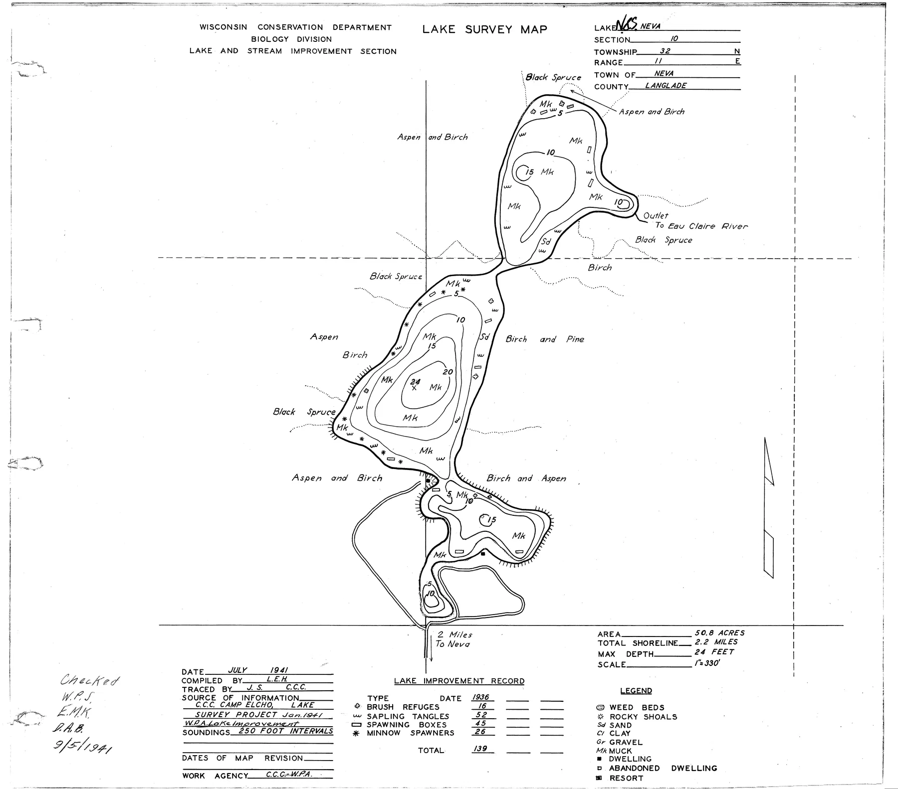 North Neva Lake historical Wisconsin DNR depth map sheet 1