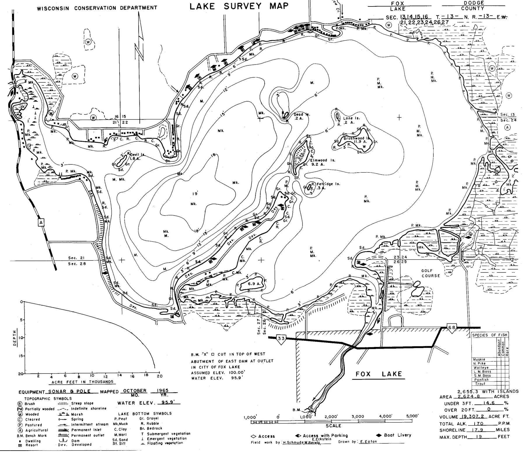 Fox Lake historical Wisconsin DNR depth map sheet 1