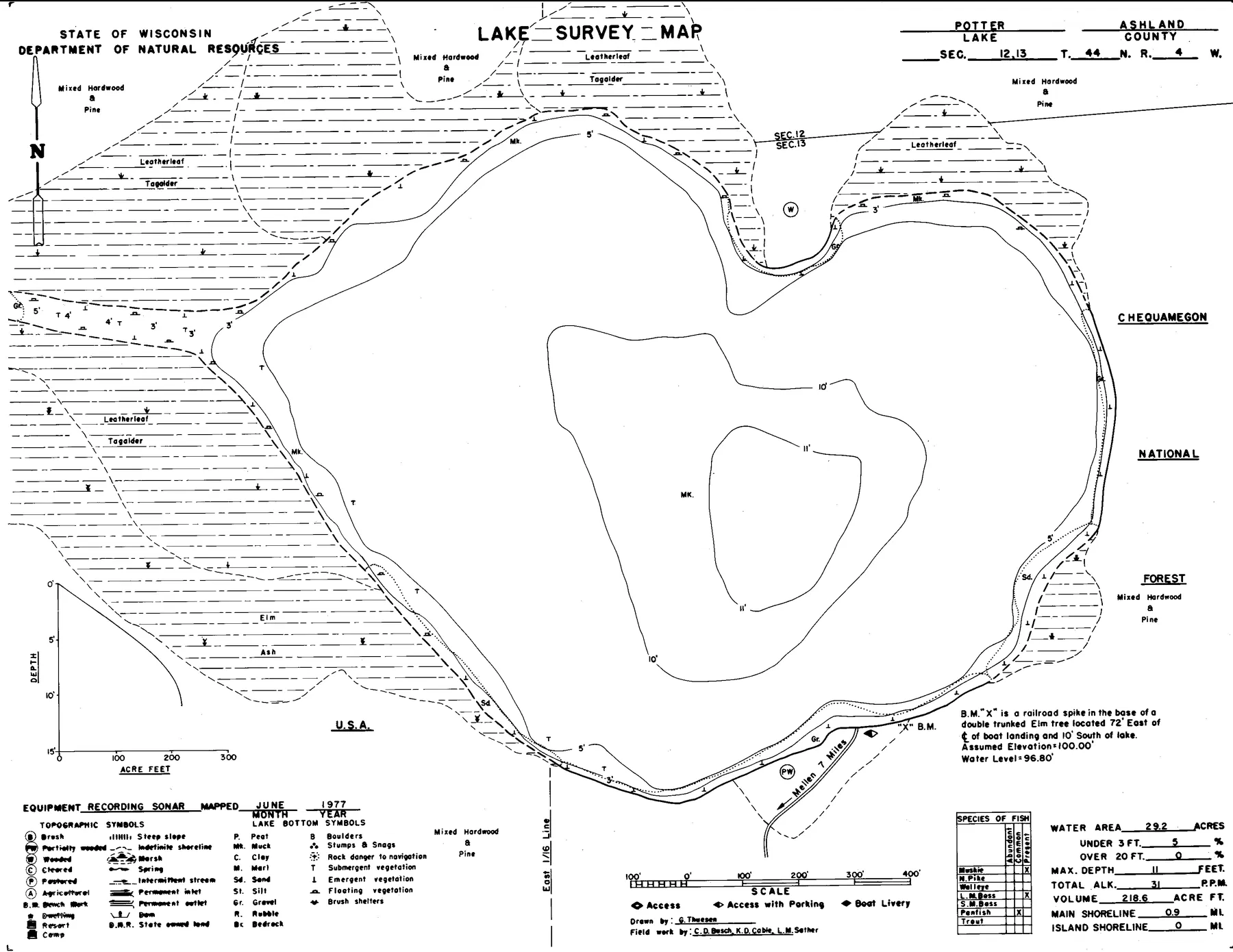 Potter Lake historical Wisconsin DNR depth map sheet 1
