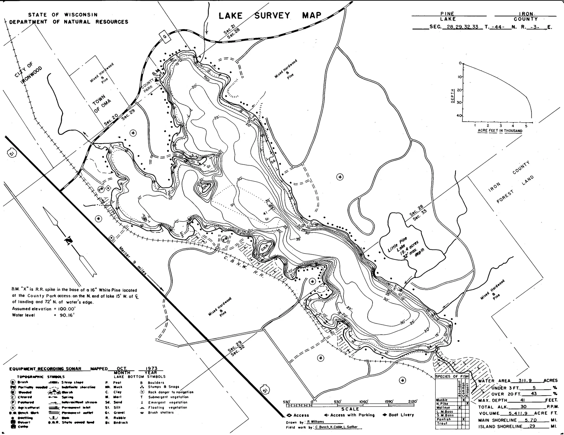 Pine Lake historical Wisconsin DNR depth map sheet 1