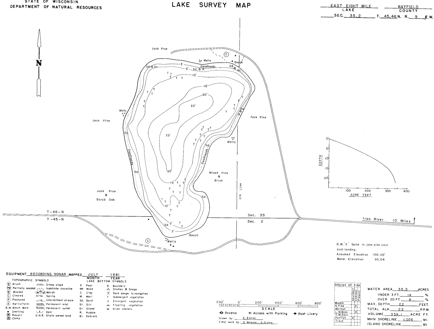 East Eightmile Lake historical Wisconsin DNR depth map sheet 1