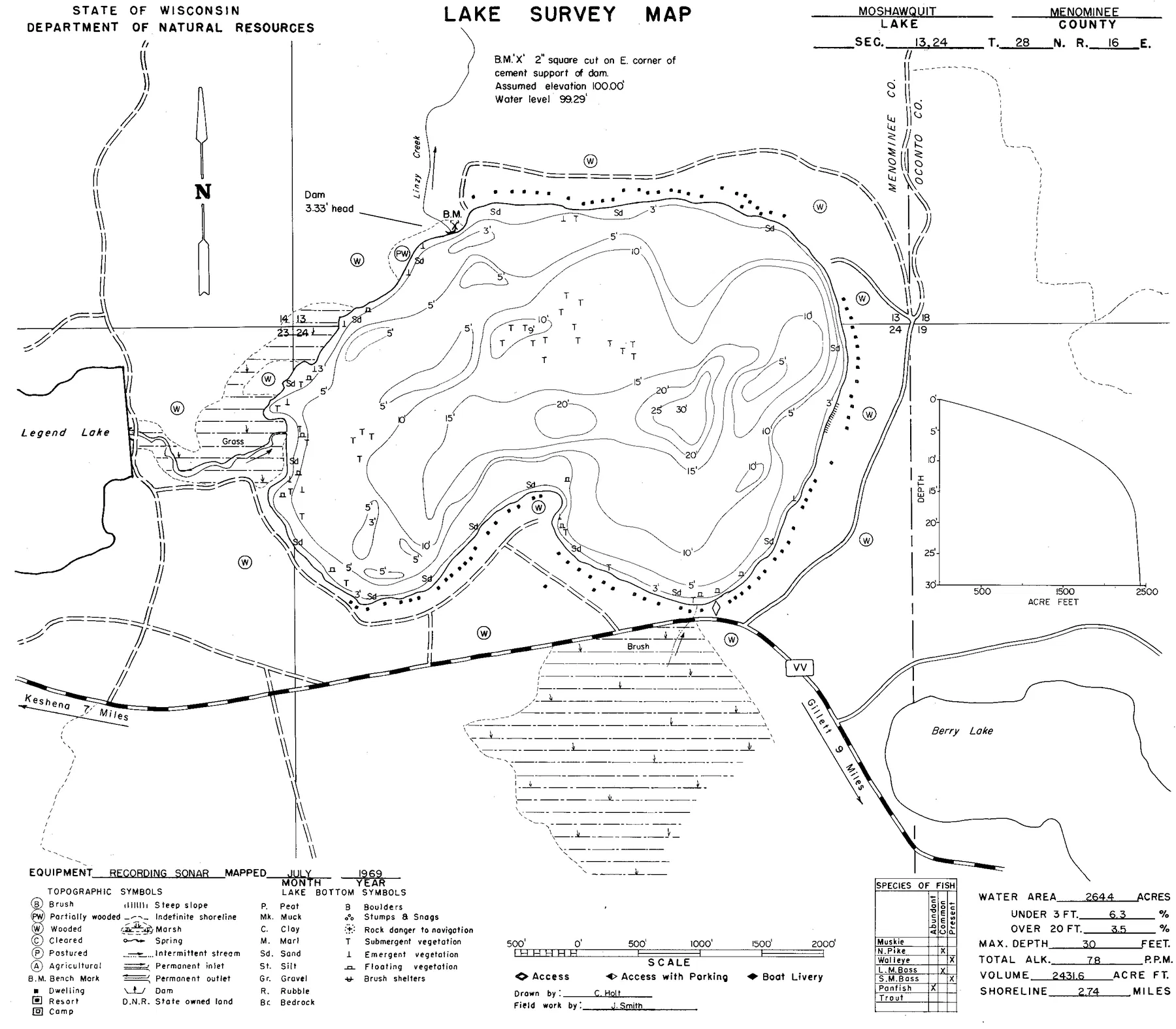 Moshawquit Lake historical Wisconsin DNR depth map sheet 1