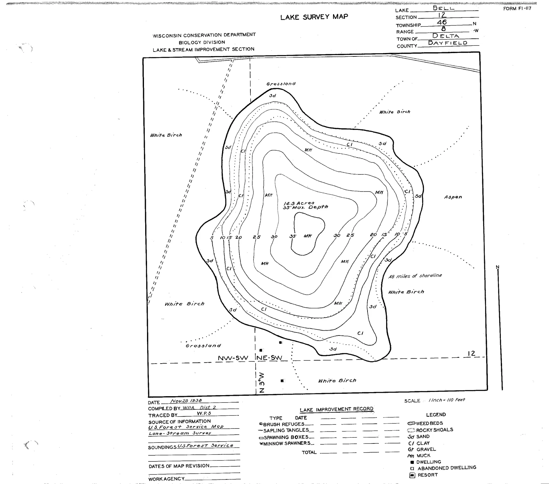 Bell Lake historical Wisconsin DNR depth map sheet 1