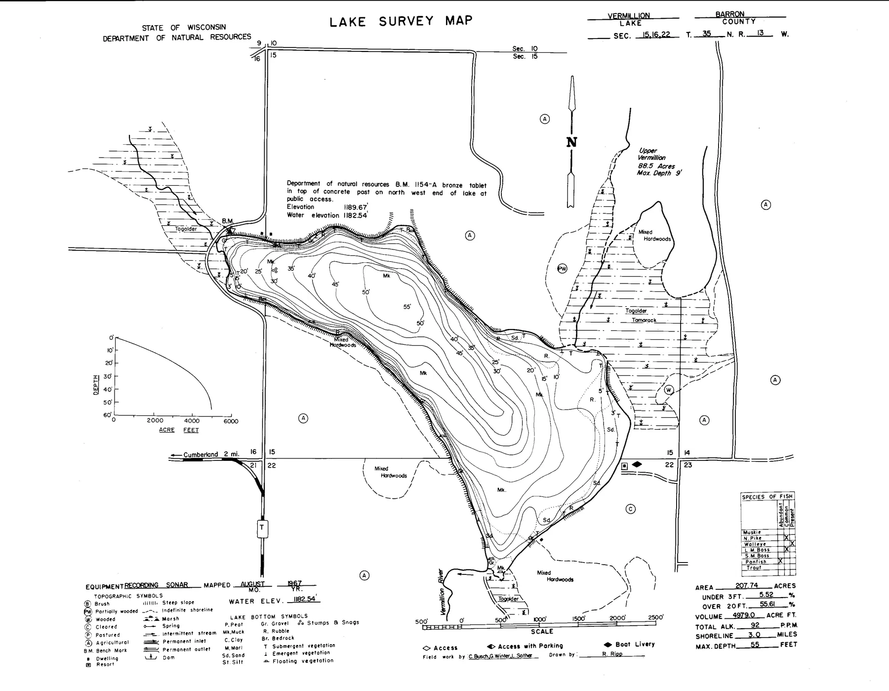 Lower Vermillion Lake historical Wisconsin DNR depth map sheet 1