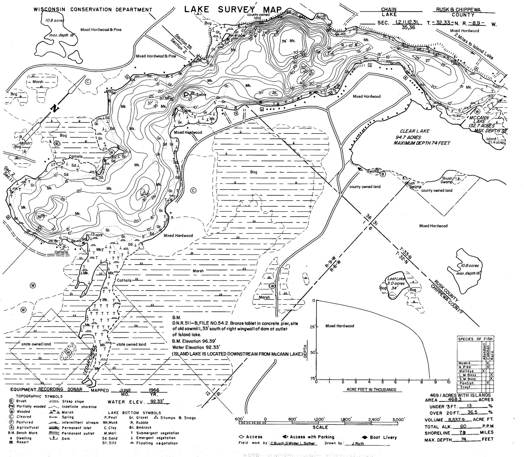 Chain Lake historical Wisconsin DNR depth map sheet 1
