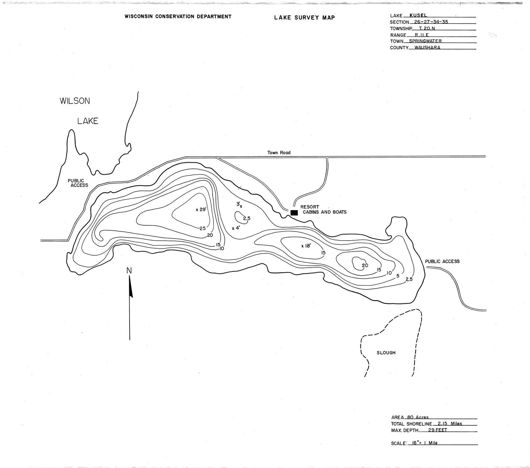 Kusel Lake historical Wisconsin DNR depth map sheet 1