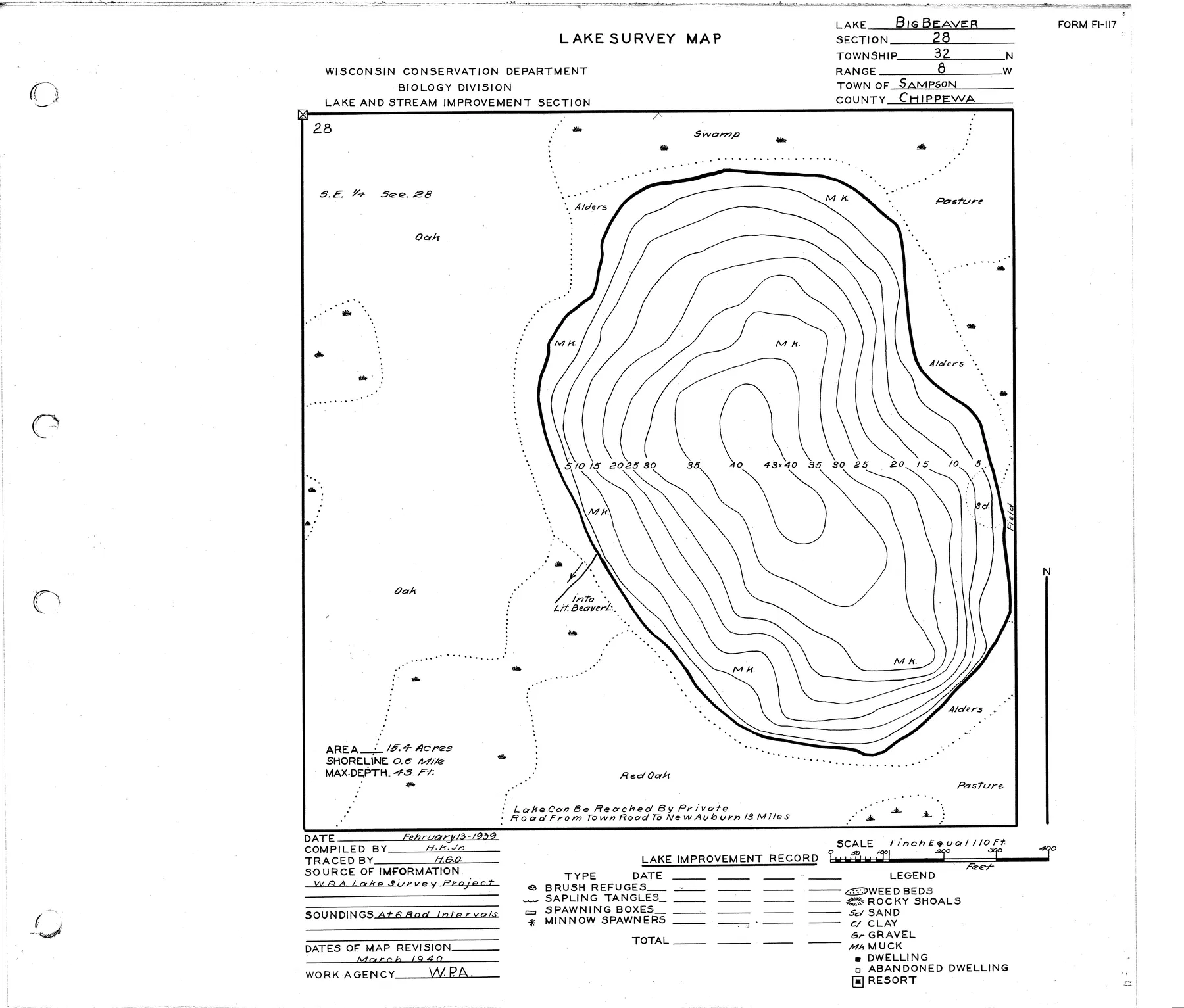 Beaver Lake historical Wisconsin DNR depth map sheet 1