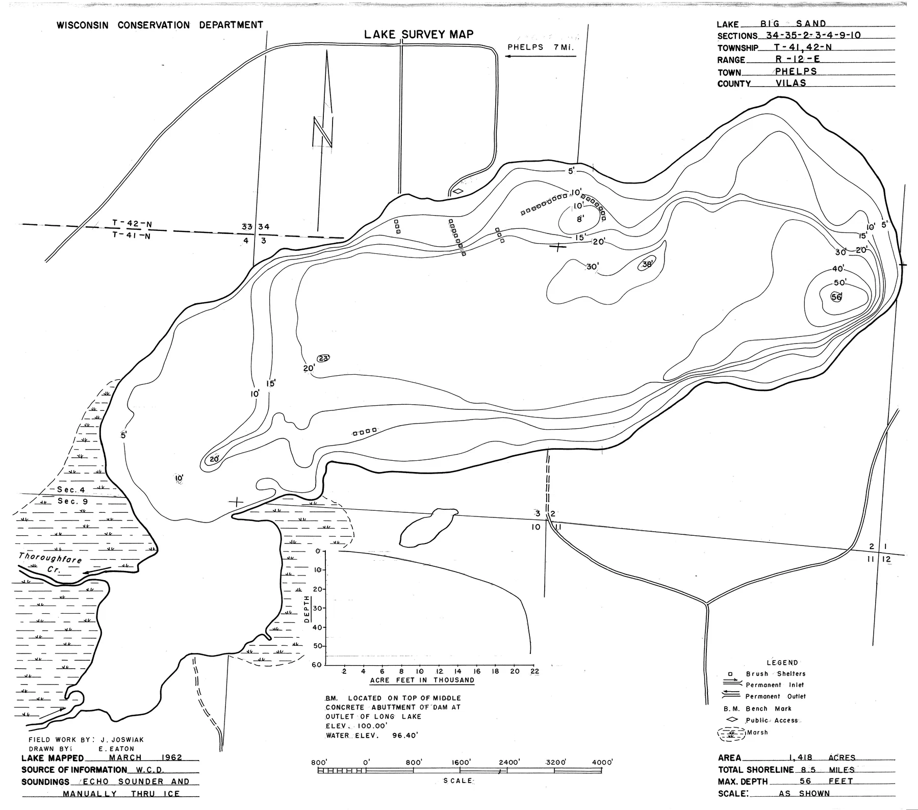 Big Sand Lake historical Wisconsin DNR depth map sheet 1