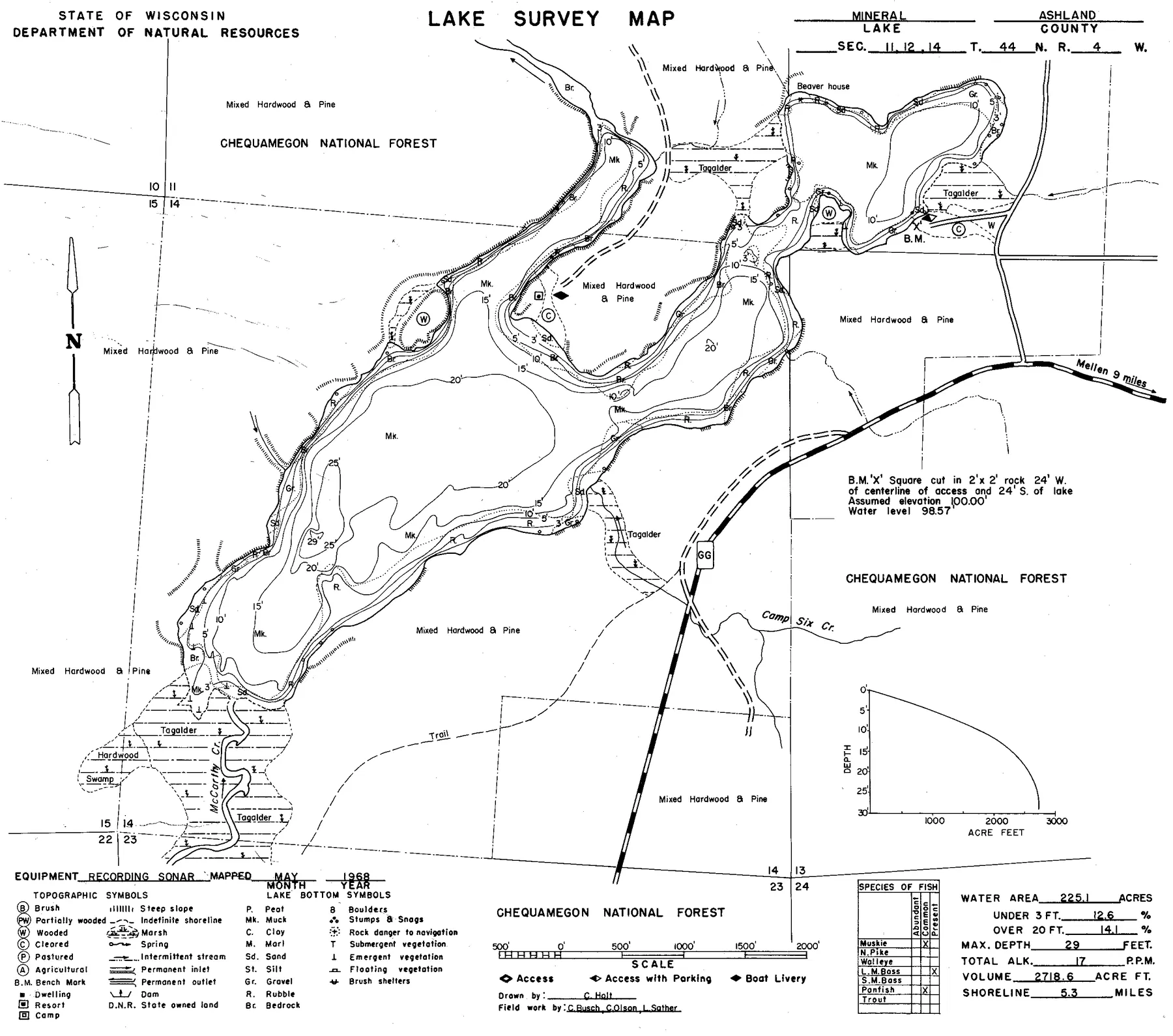 Mineral Lake historical Wisconsin DNR depth map sheet 1