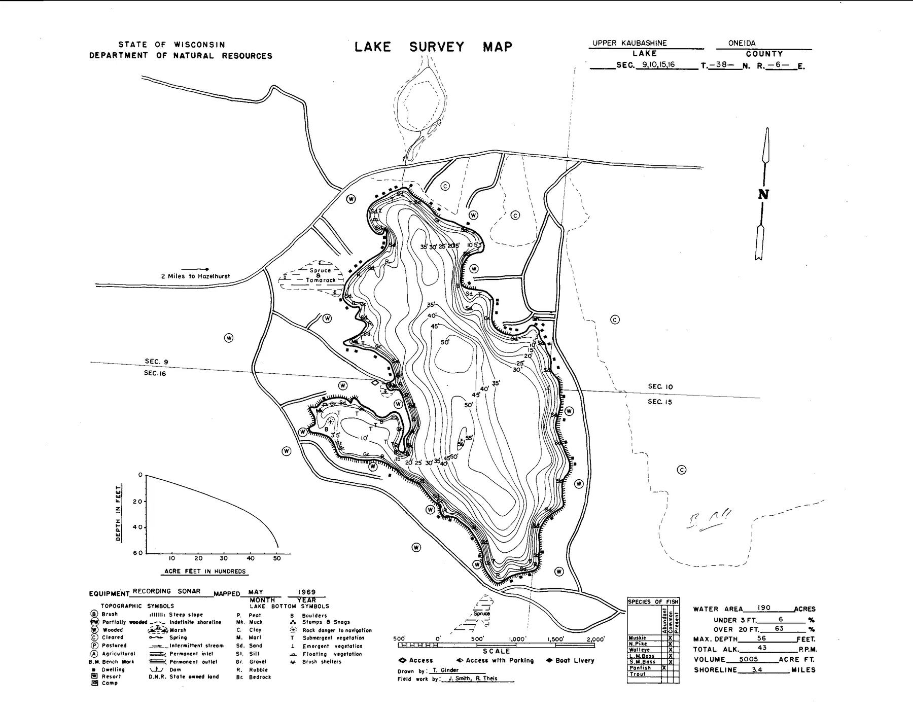 Upper Kaubashine Lake historical Wisconsin DNR depth map sheet 1