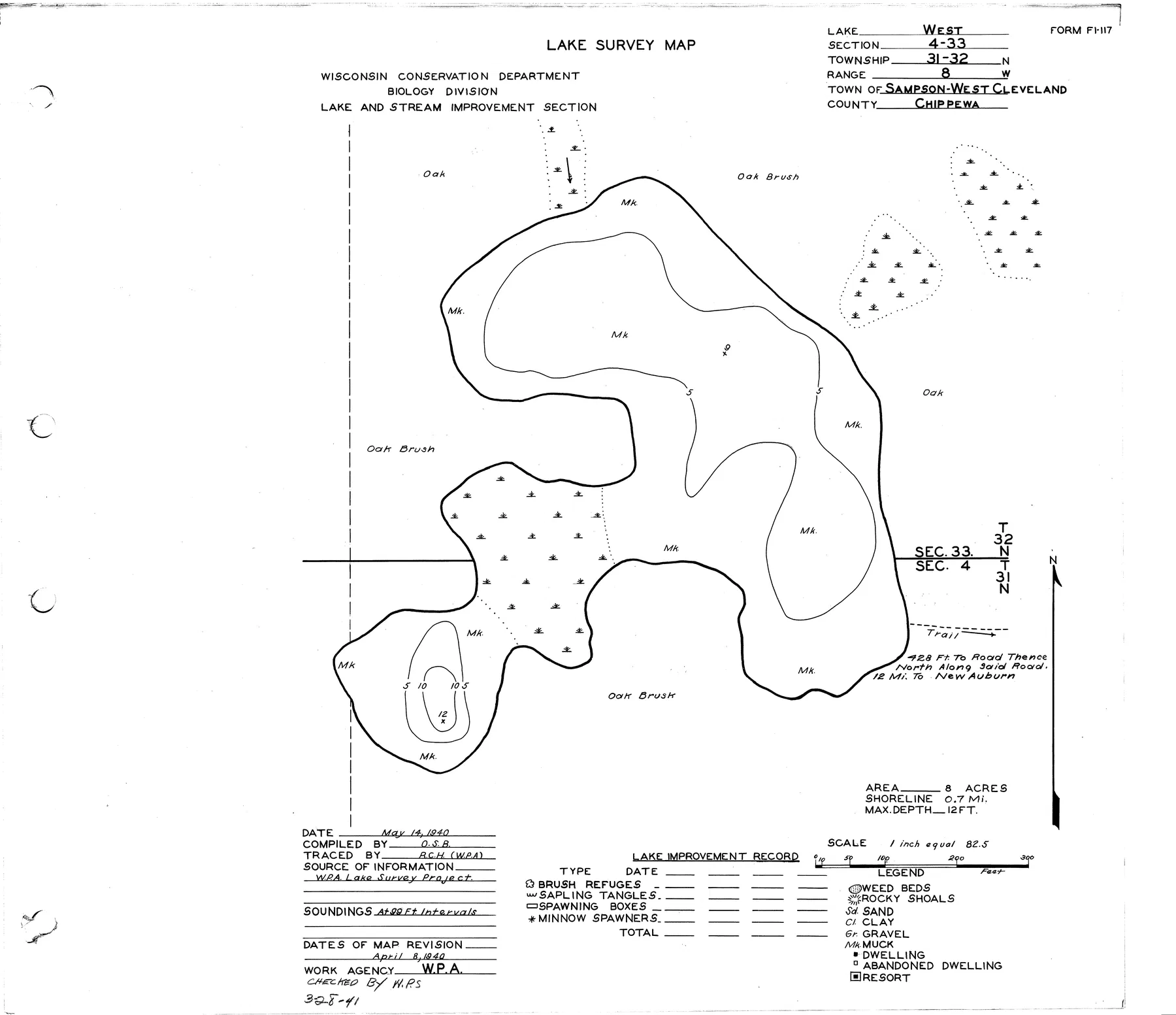 West Lake historical Wisconsin DNR depth map sheet 1