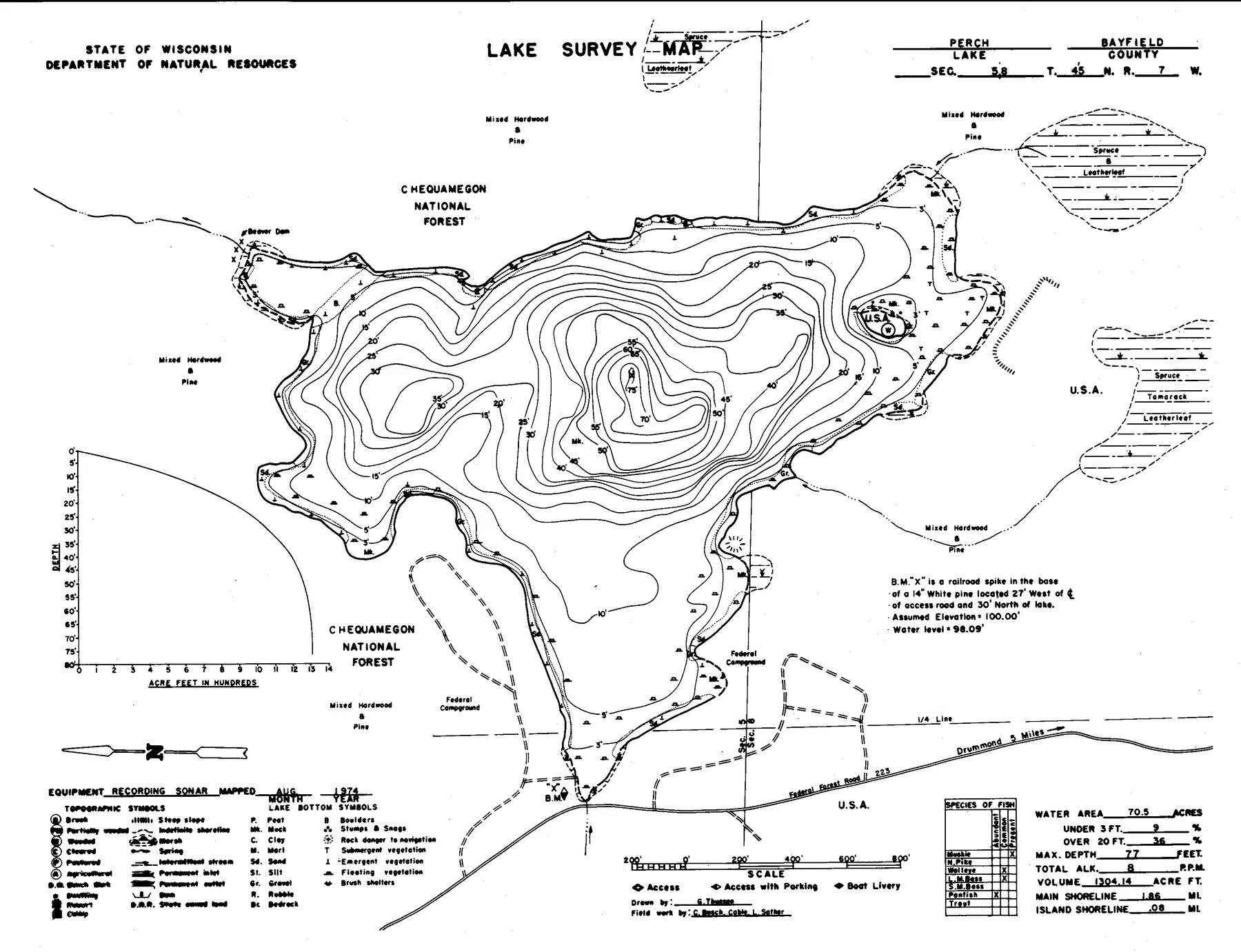 Perch Lake historical Wisconsin DNR depth map sheet 1