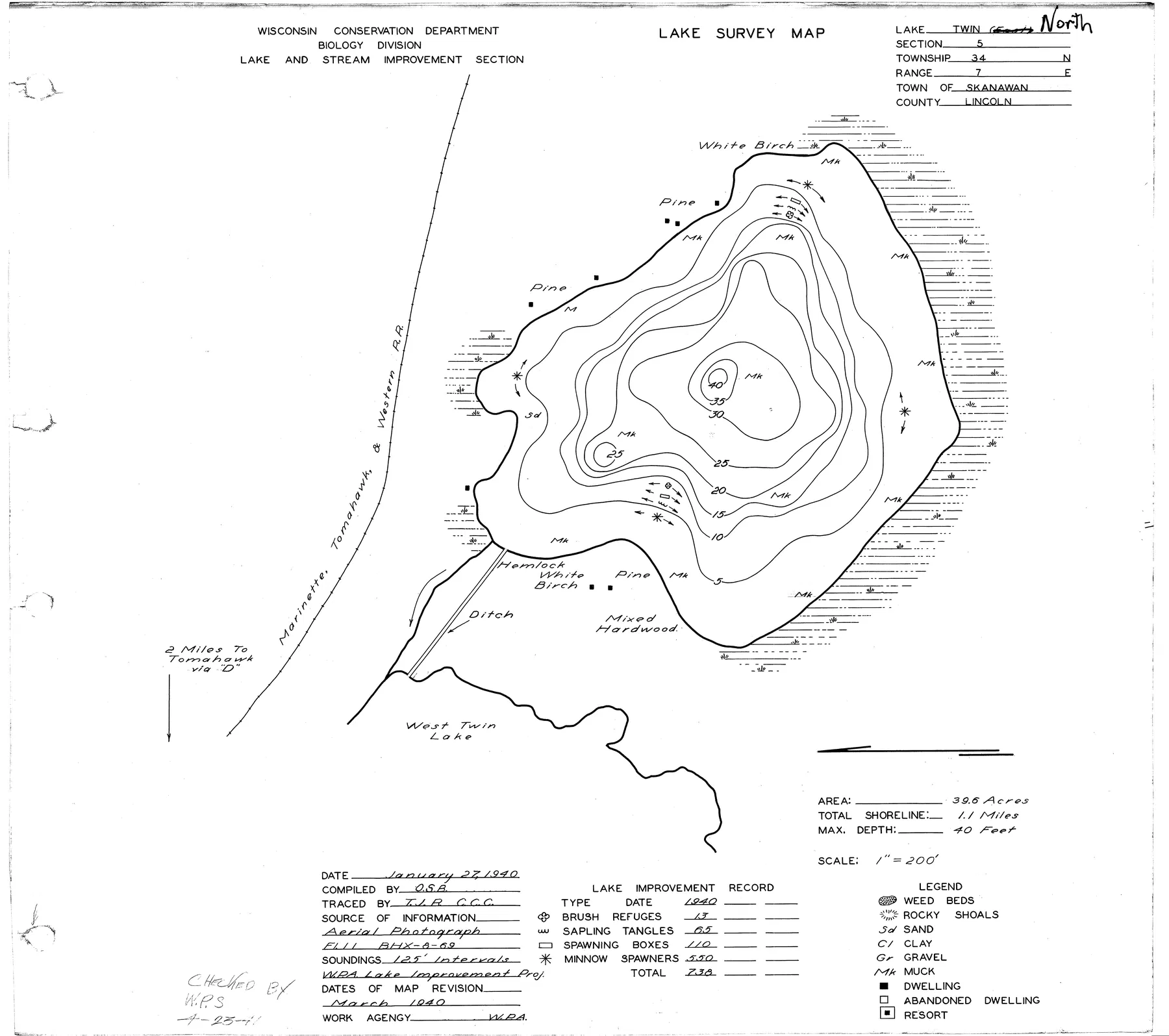 Twin Lakes historical Wisconsin DNR depth map sheet 1