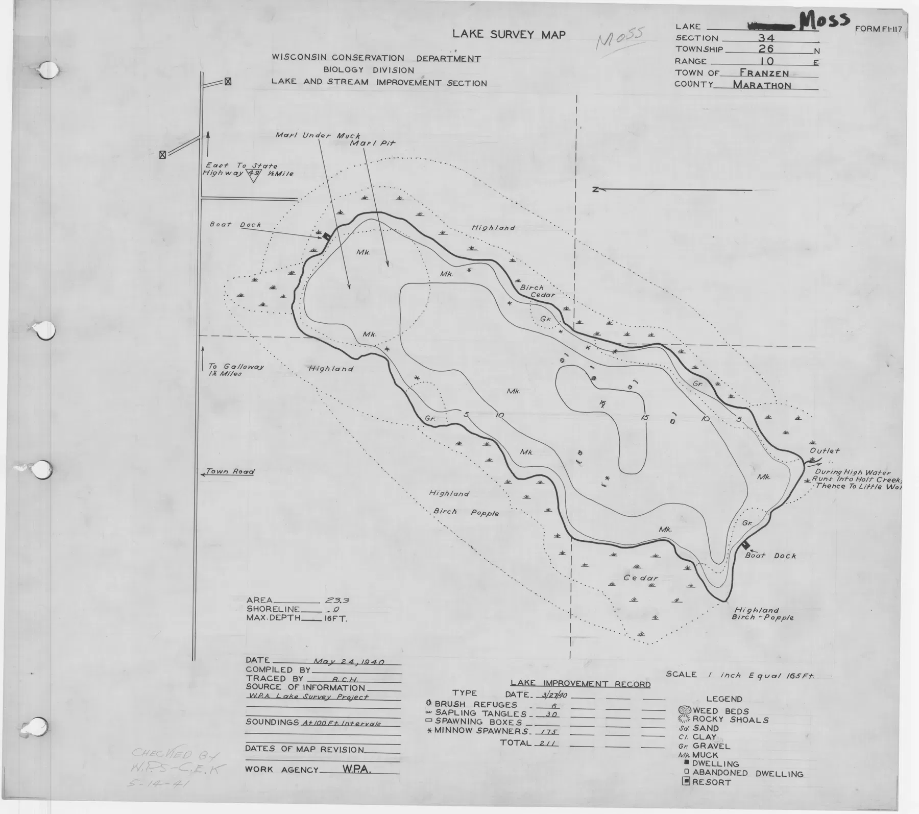 Moss Lake historical Wisconsin DNR depth map sheet 1