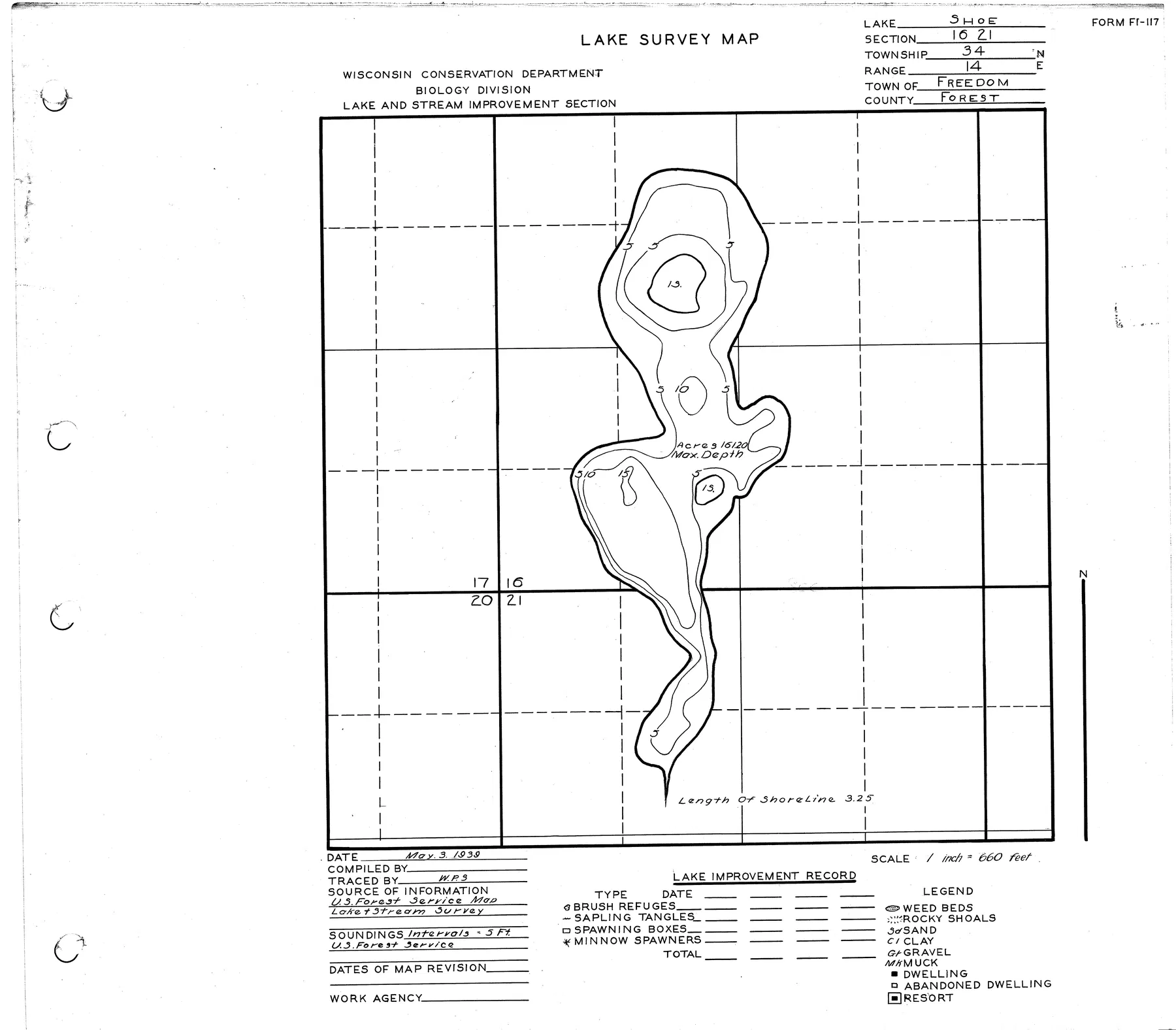 Shoe Lake historical Wisconsin DNR depth map sheet 1