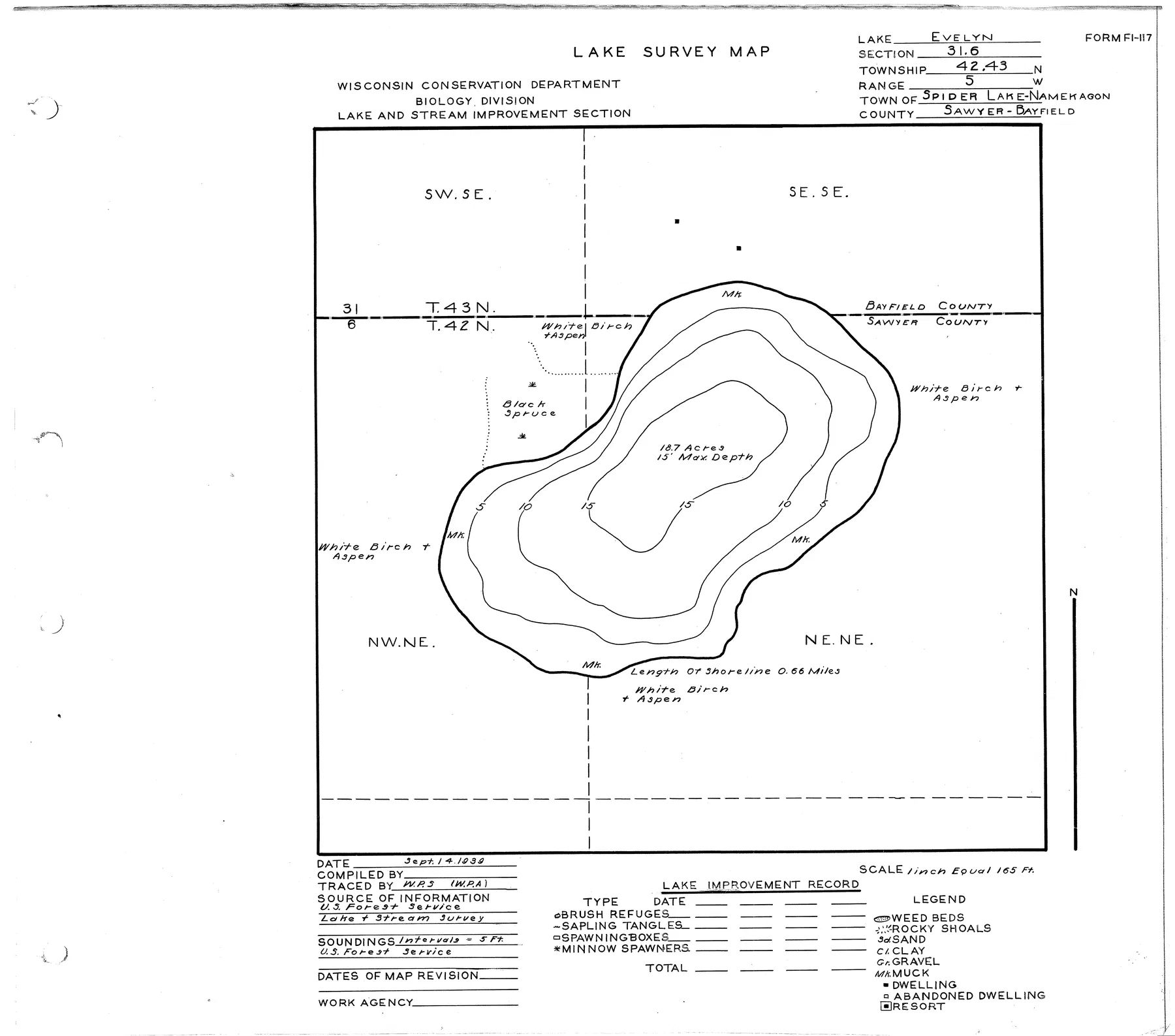 Evelyn Lake historical Wisconsin DNR depth map sheet 1