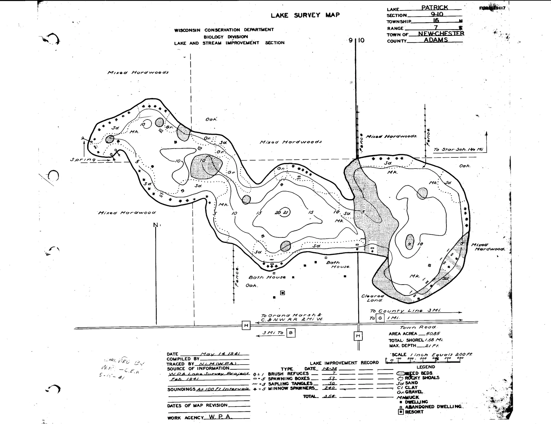 Patrick Lake historical Wisconsin DNR depth map sheet 1