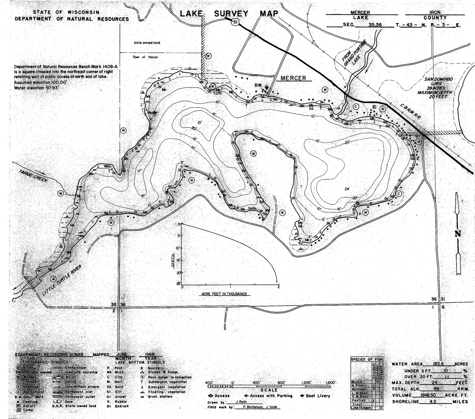 Mercer Lake historical Wisconsin DNR depth map sheet 1