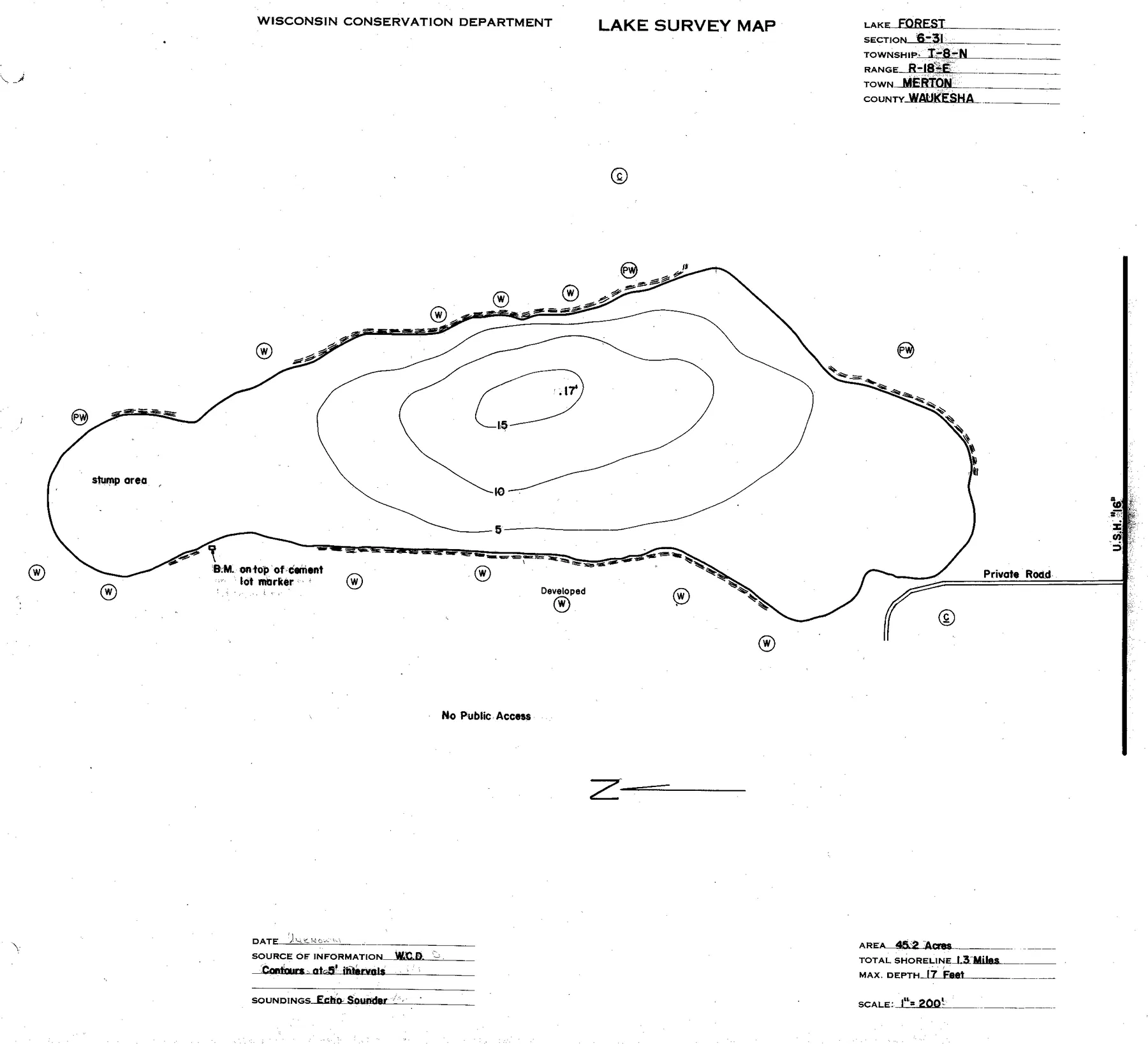 Forest Lake historical Wisconsin DNR depth map sheet 1