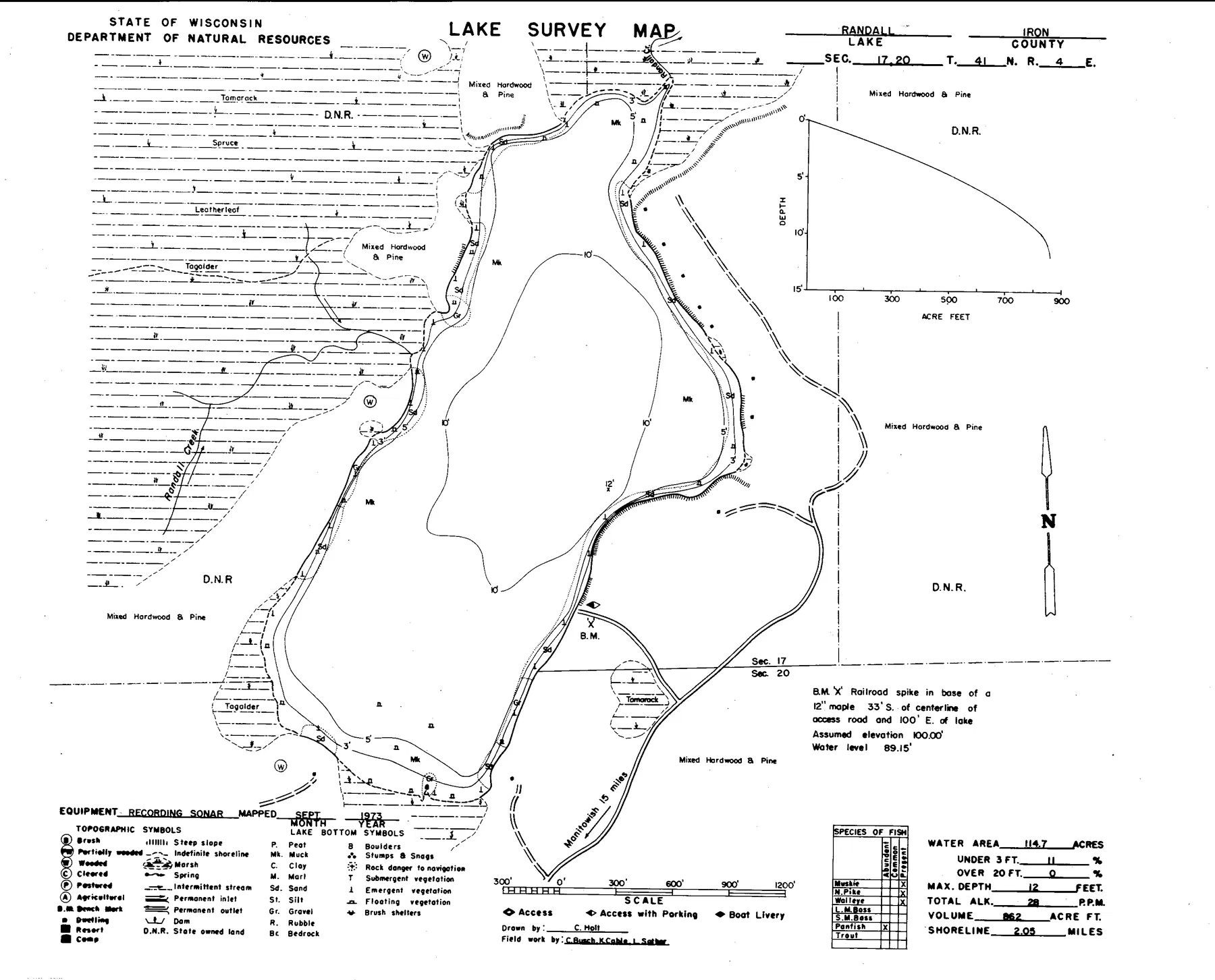 Randall Lake historical Wisconsin DNR depth map sheet 1