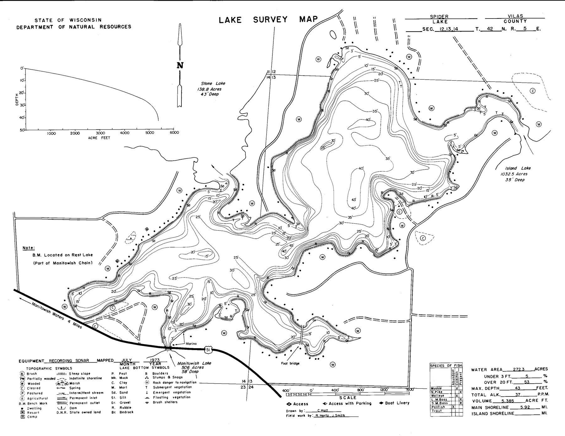 Spider Lake historical Wisconsin DNR depth map sheet 1
