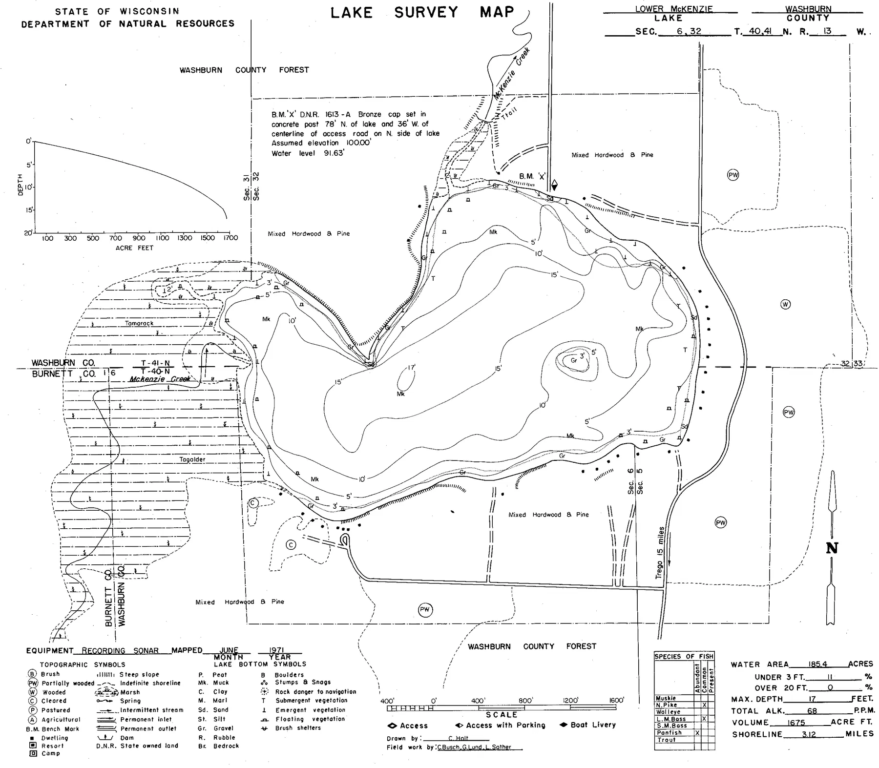 Lower McKenzie Lake historical Wisconsin DNR depth map sheet 1