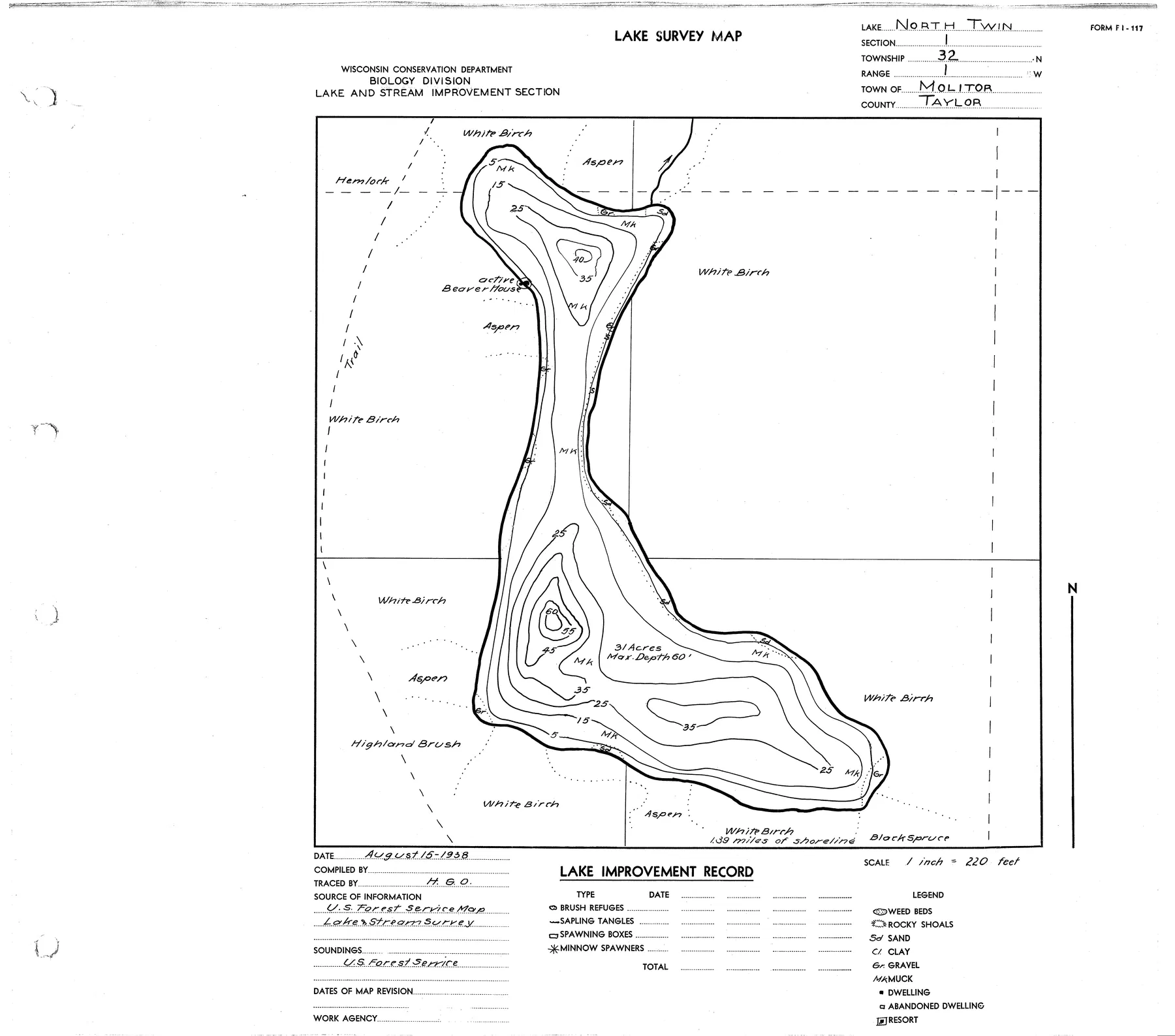 North Twin Lake historical Wisconsin DNR depth map sheet 1