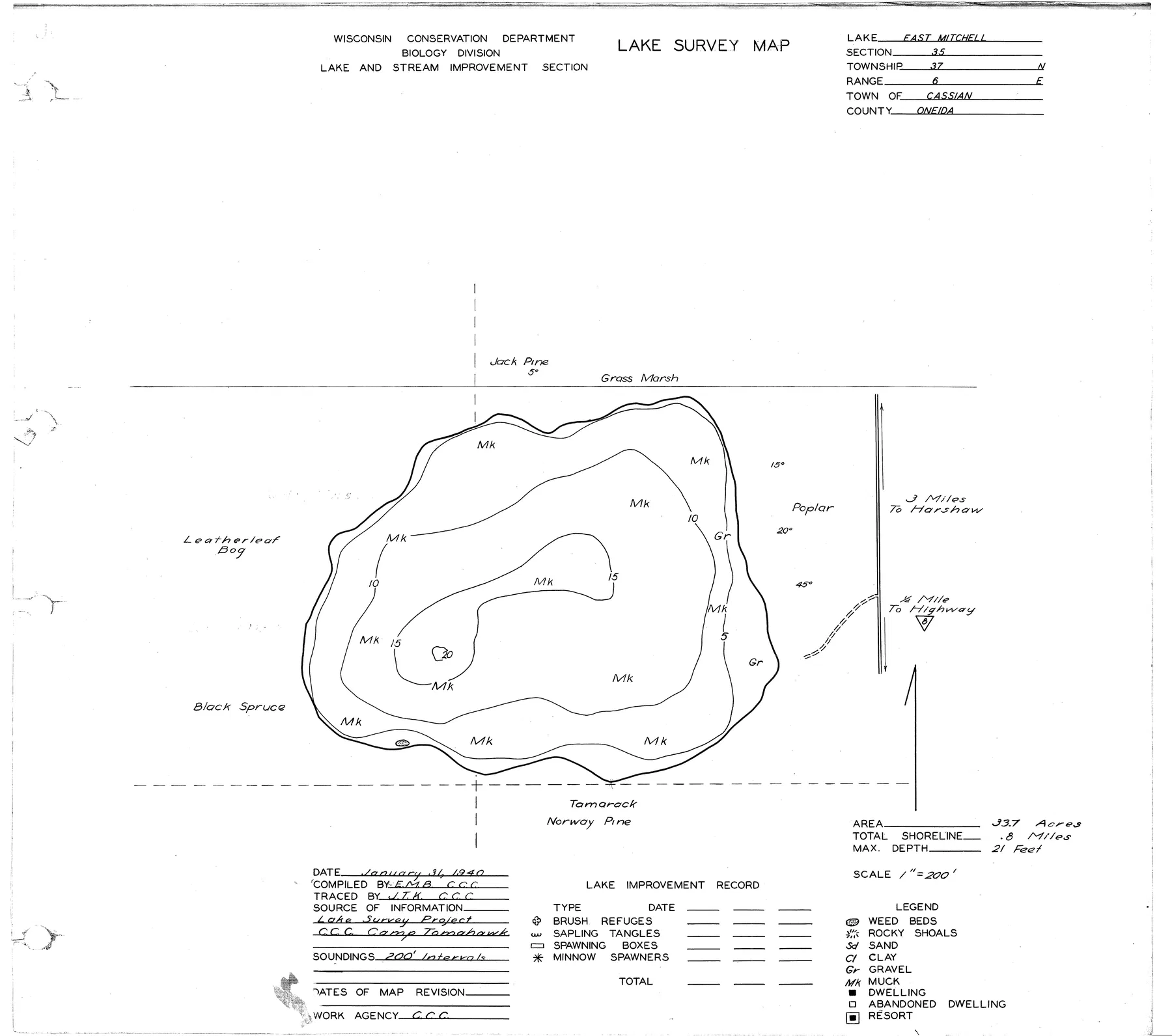 East Mitchell Lake historical Wisconsin DNR depth map sheet 1
