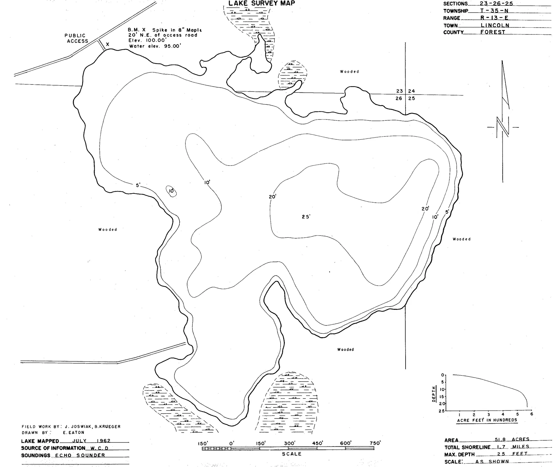 Bradley Lake historical Wisconsin DNR depth map sheet 1