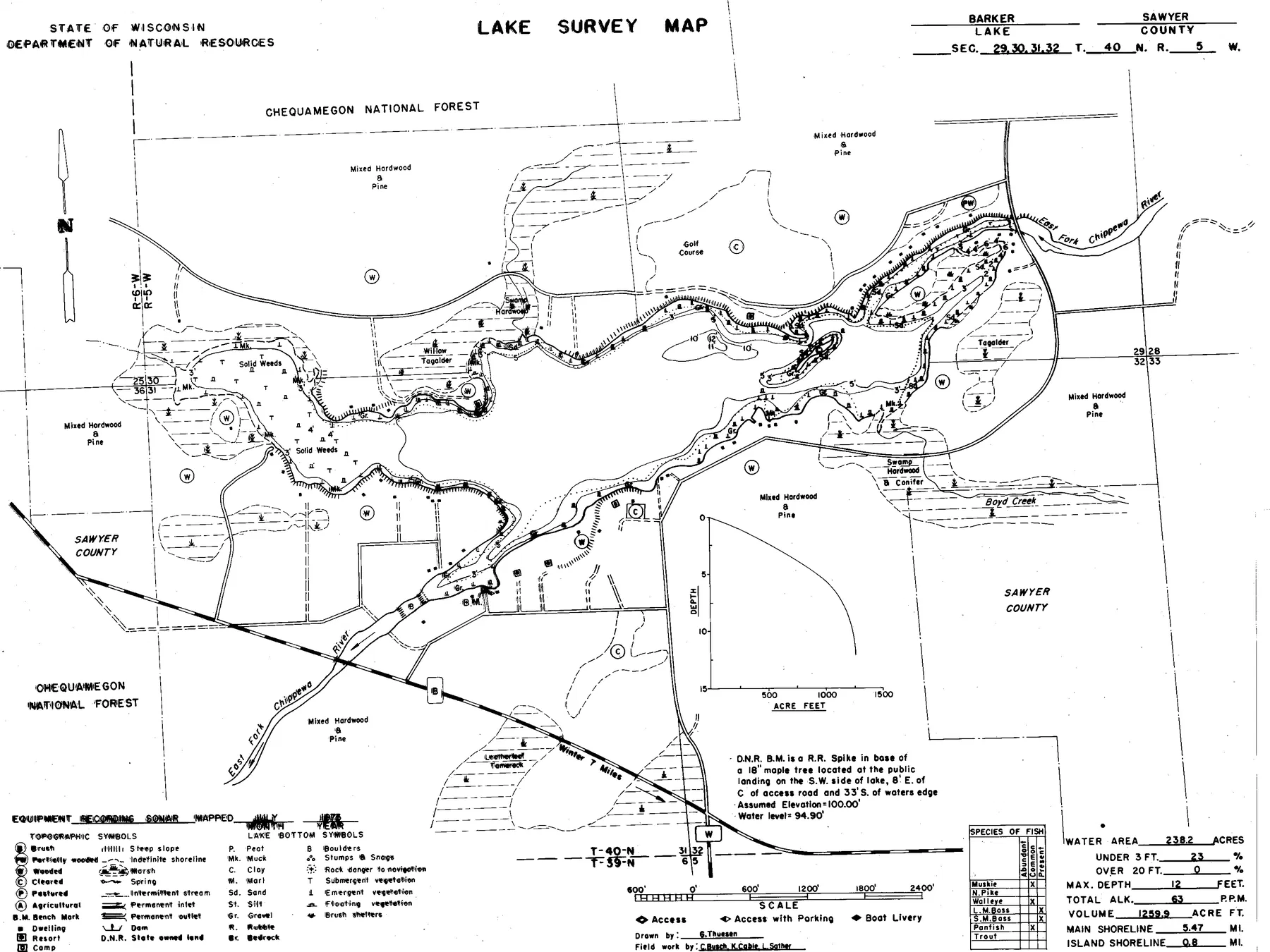 Barker Lake historical Wisconsin DNR depth map sheet 1