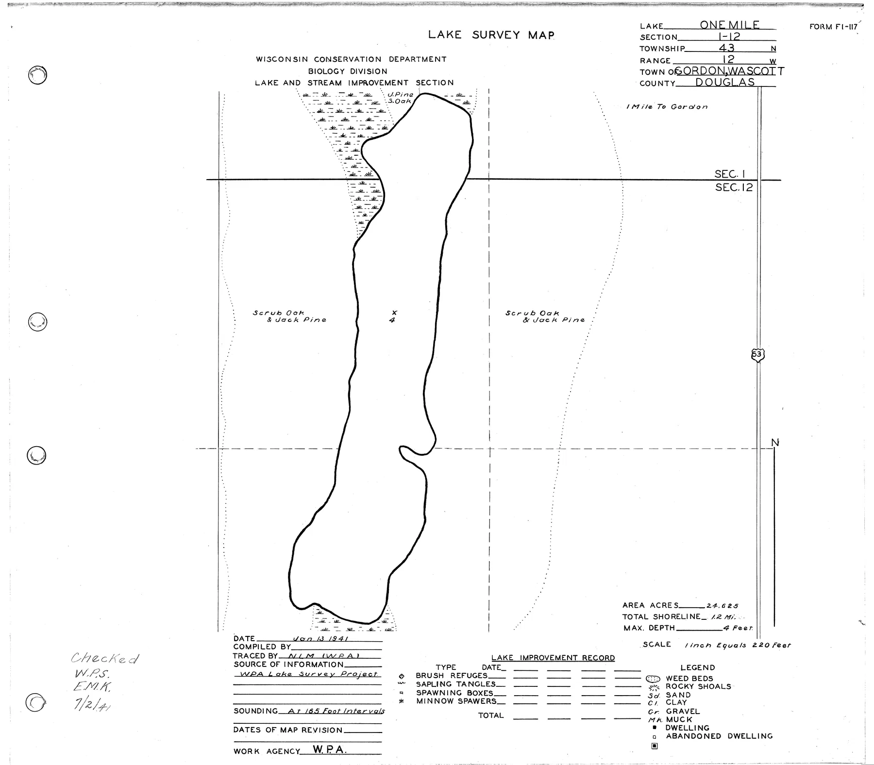 One Mile Lake historical Wisconsin DNR depth map sheet 1