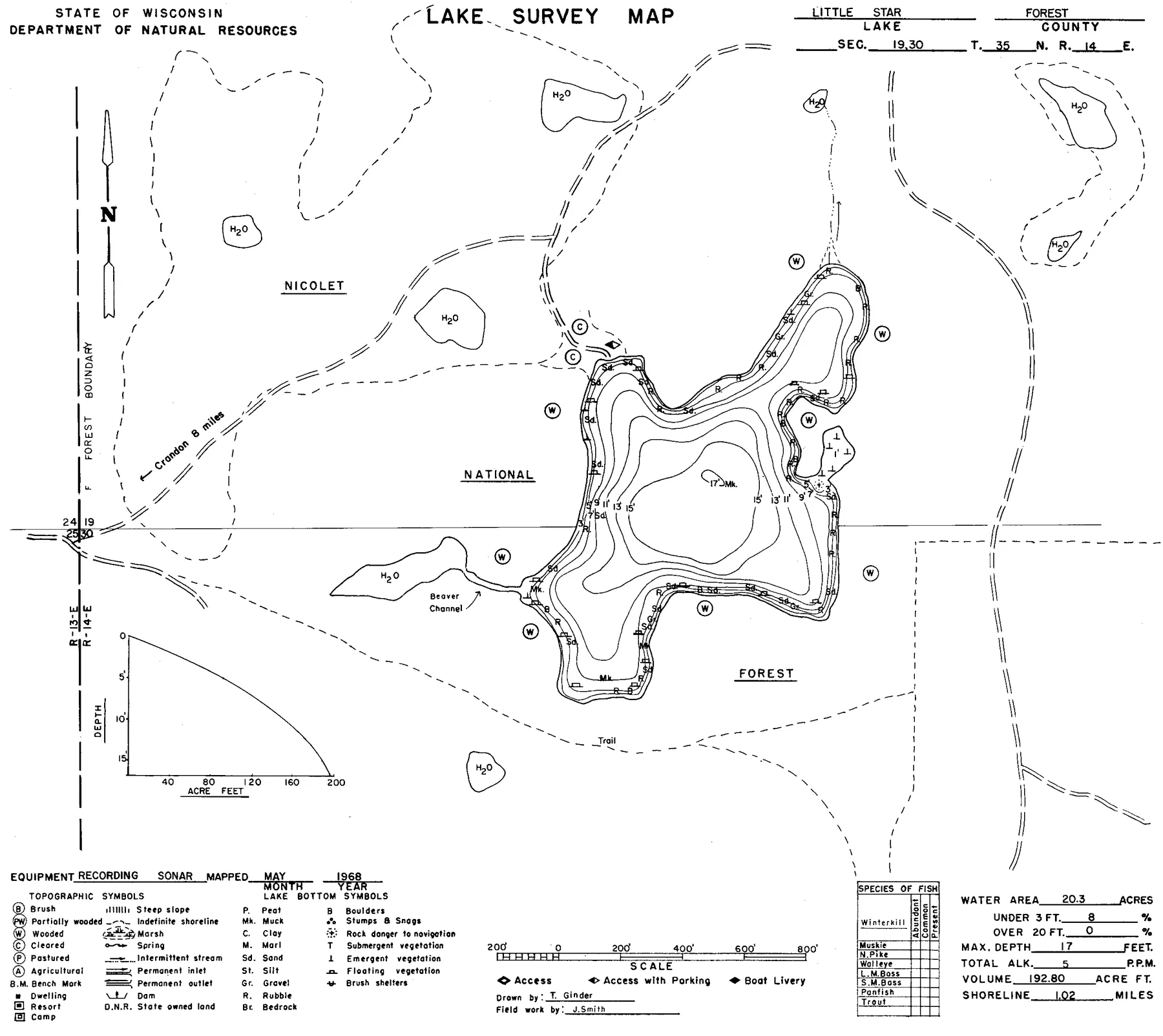 Little Star Lake historical Wisconsin DNR depth map sheet 1