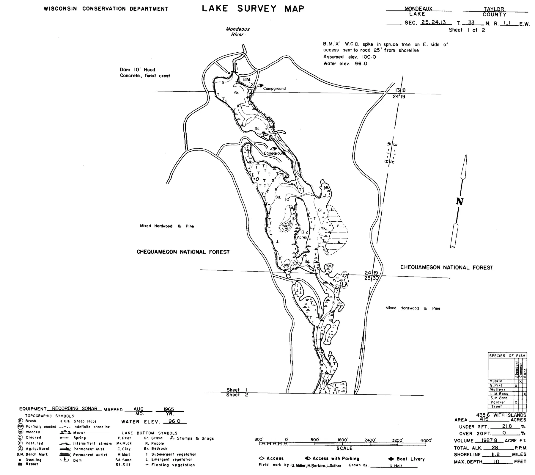 Mondeaux Flowage historical Wisconsin DNR depth map sheet 1