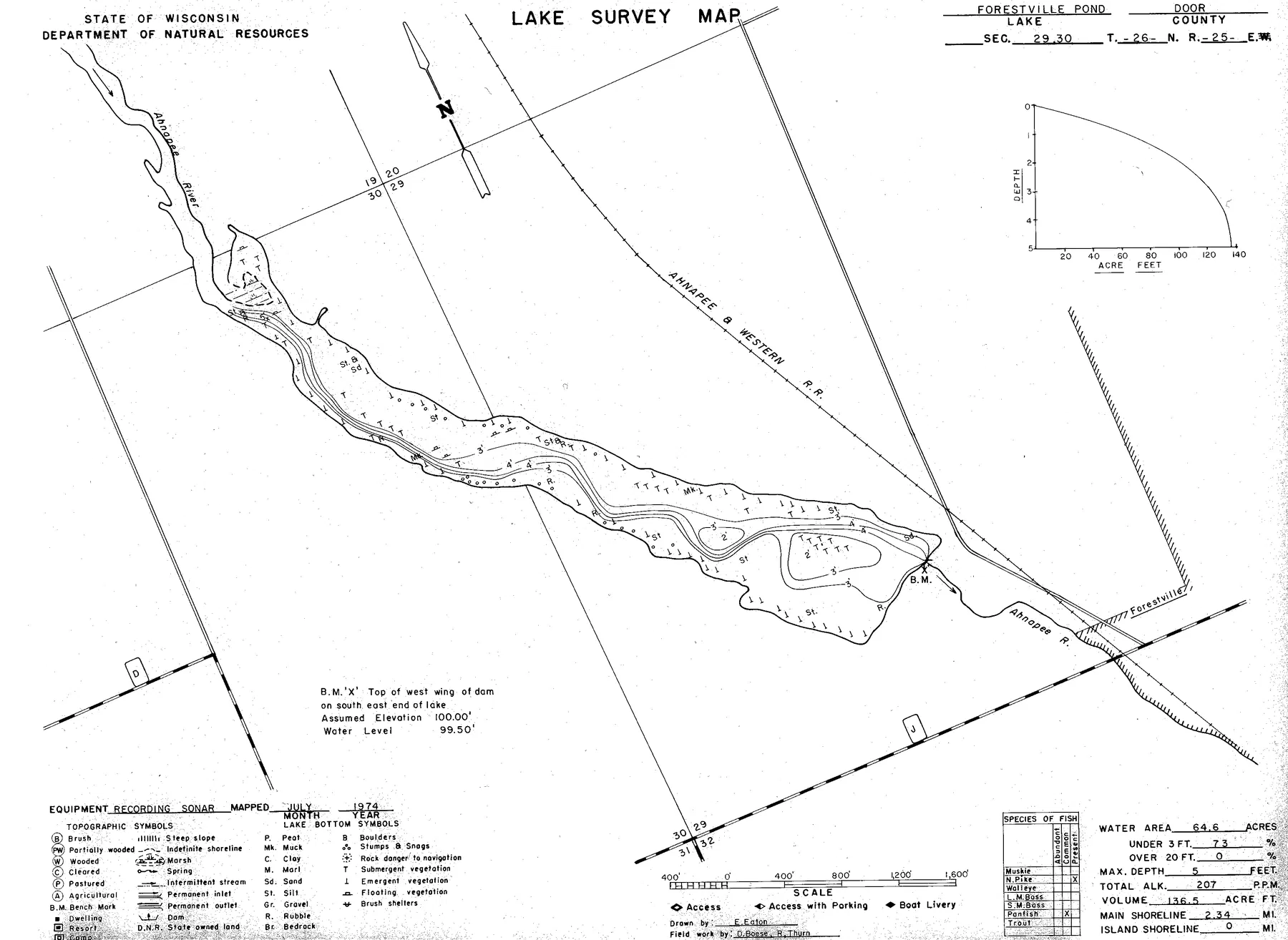 Forestville Flowage historical Wisconsin DNR depth map sheet 1